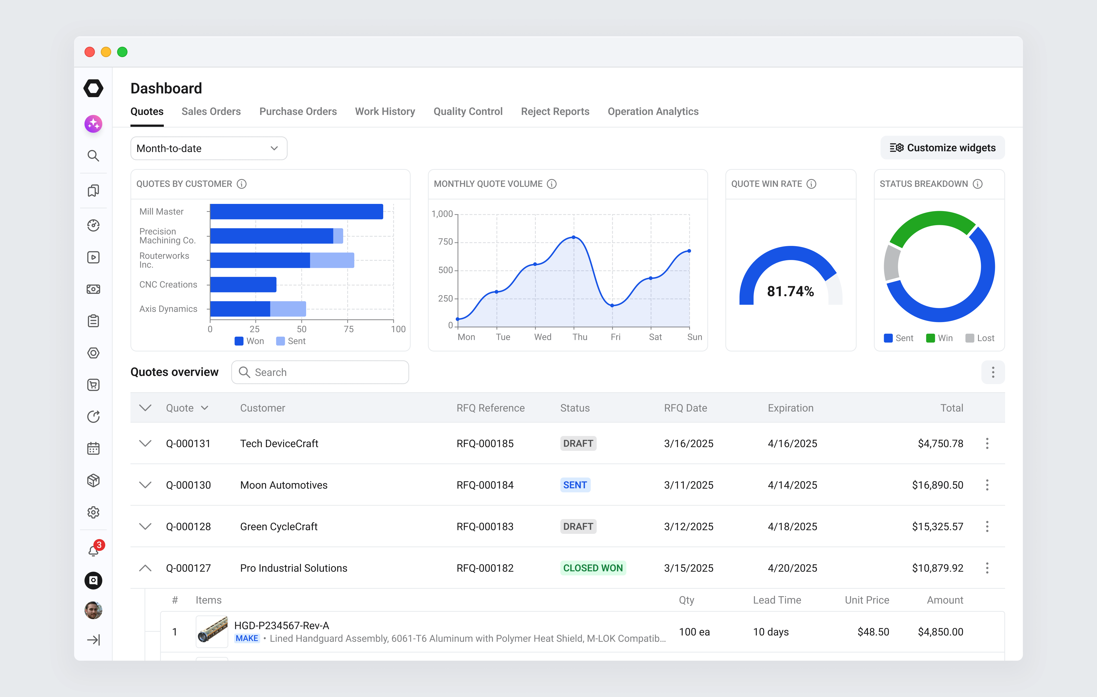 A manufacturing ERP dashboard that brings sales, purchasing, production, and quality into one switchable view, with quote volume, win rate, and deal status up front.