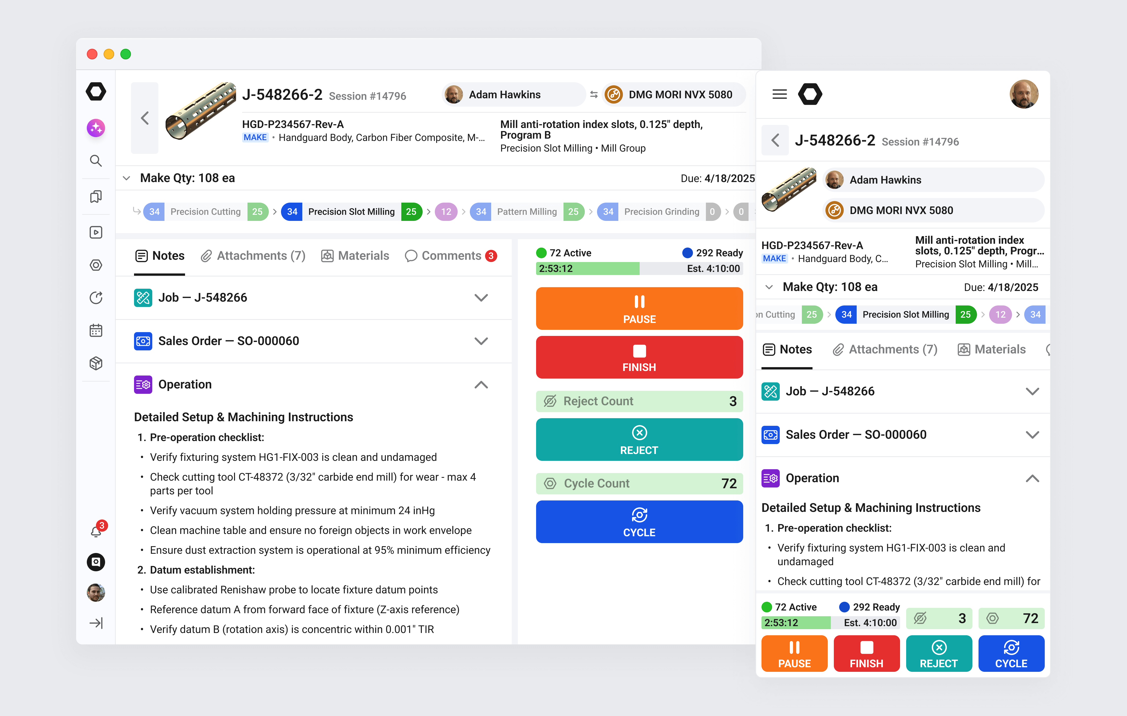 A job operation screen that enforces the right process, with pre-op checklists, setup and machining instructions, and run controls tied to each step.