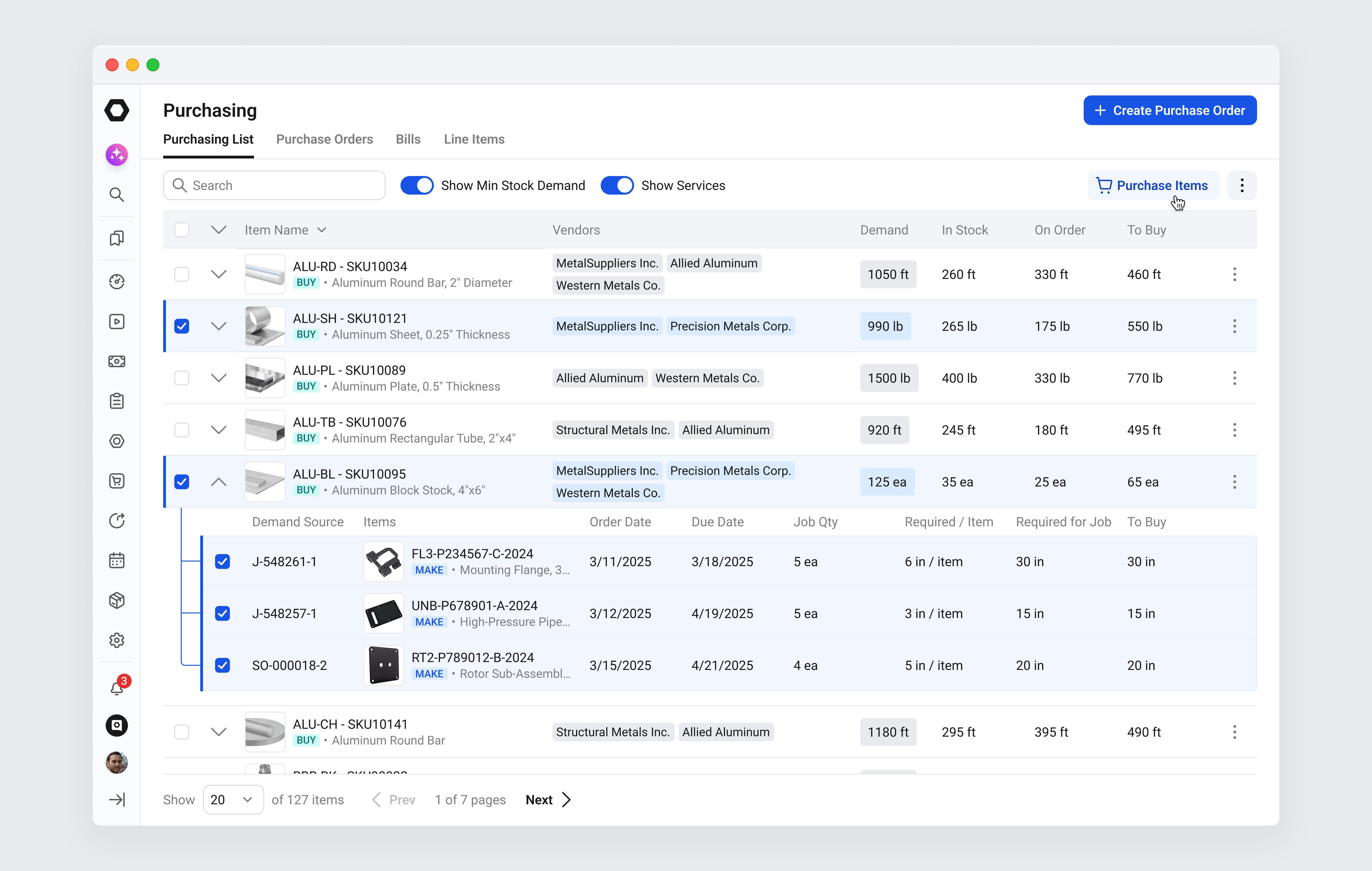 A smart purchasing list with demand-driven items selected for a one-click, on-demand purchase order across multiple jobs and vendors.