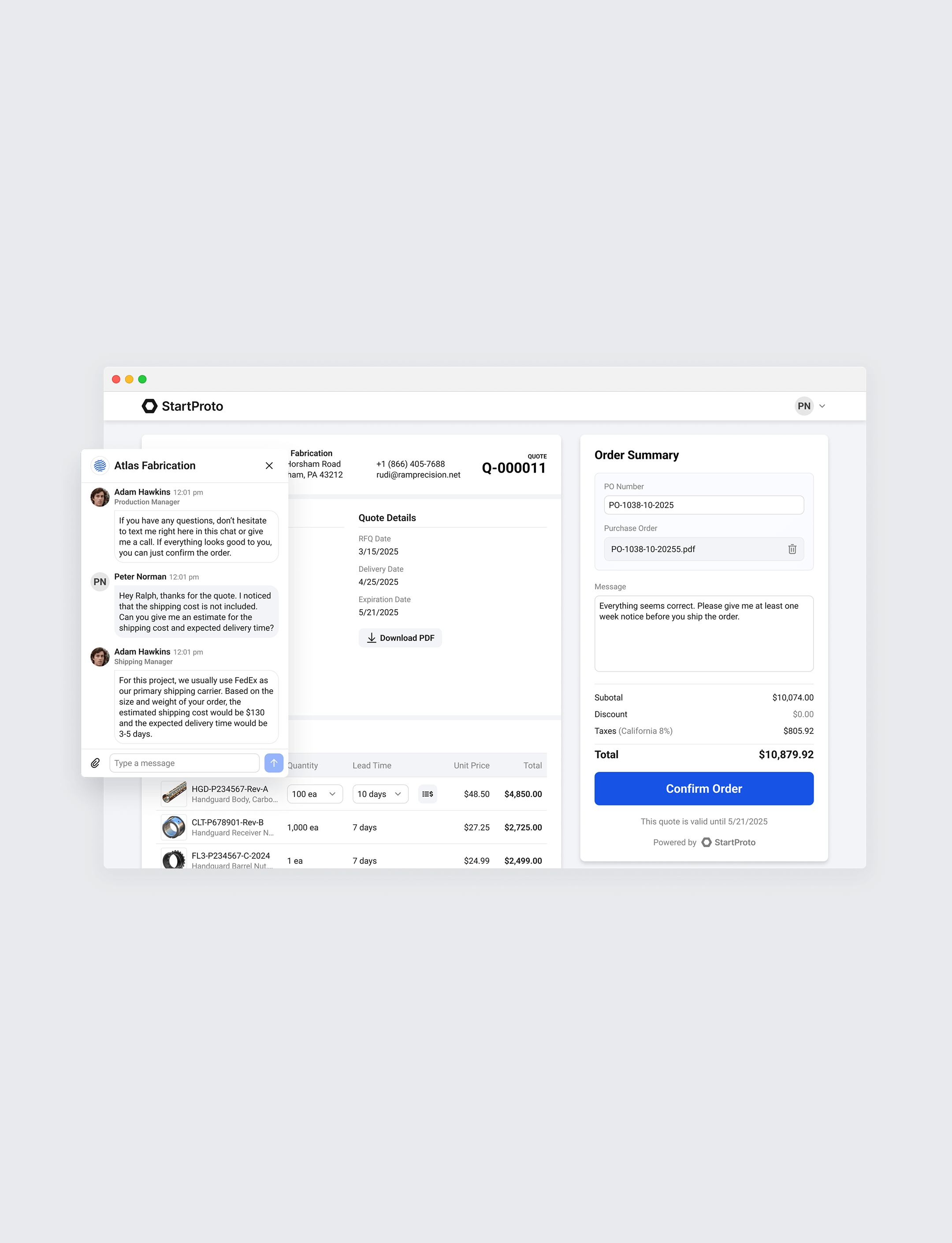 A customer portal where clients review a quote, upload a PO, and approve the order digitally.