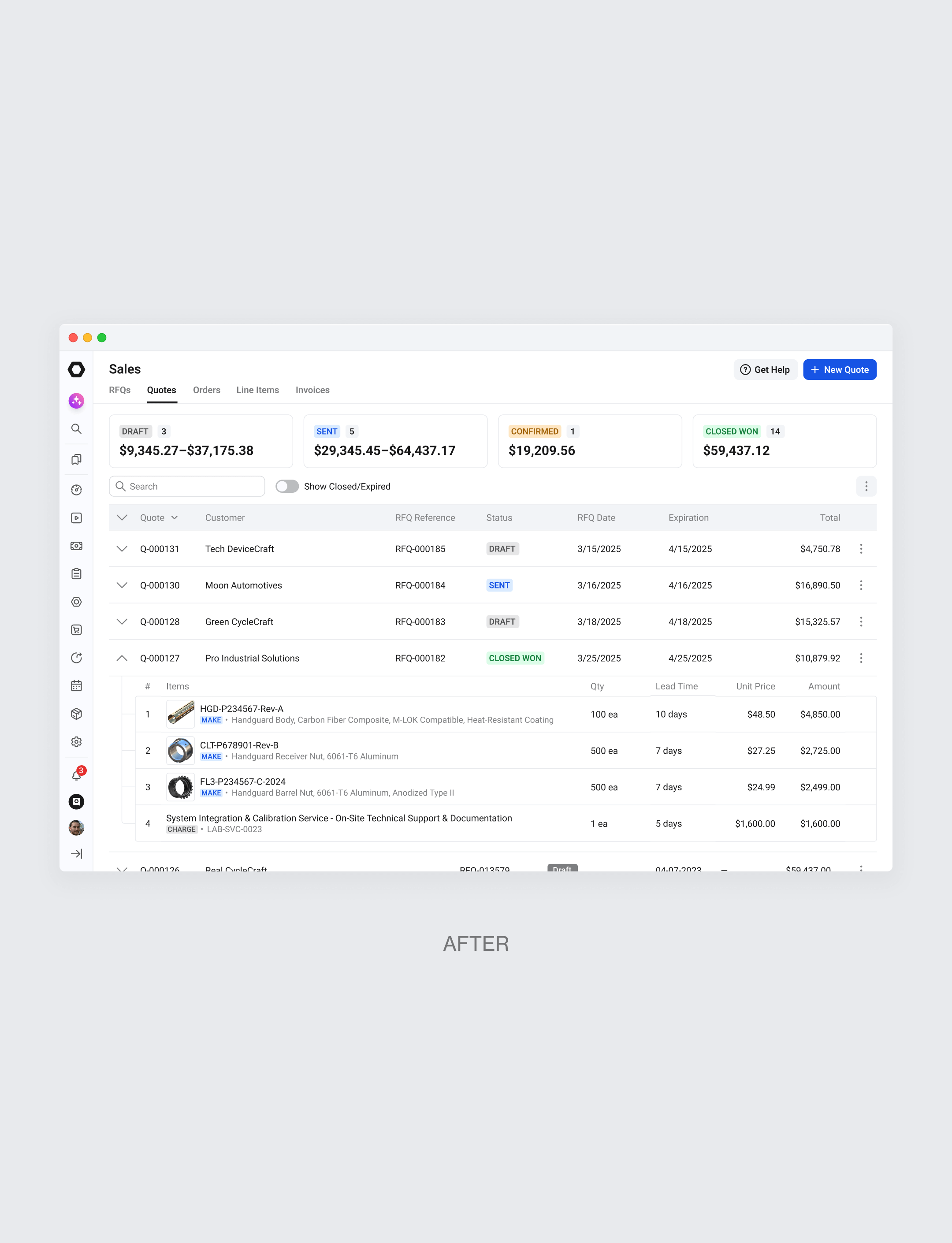 The redesigned quotes screen with clear status markers and grouped line items that make the sales pipeline easy to scan.