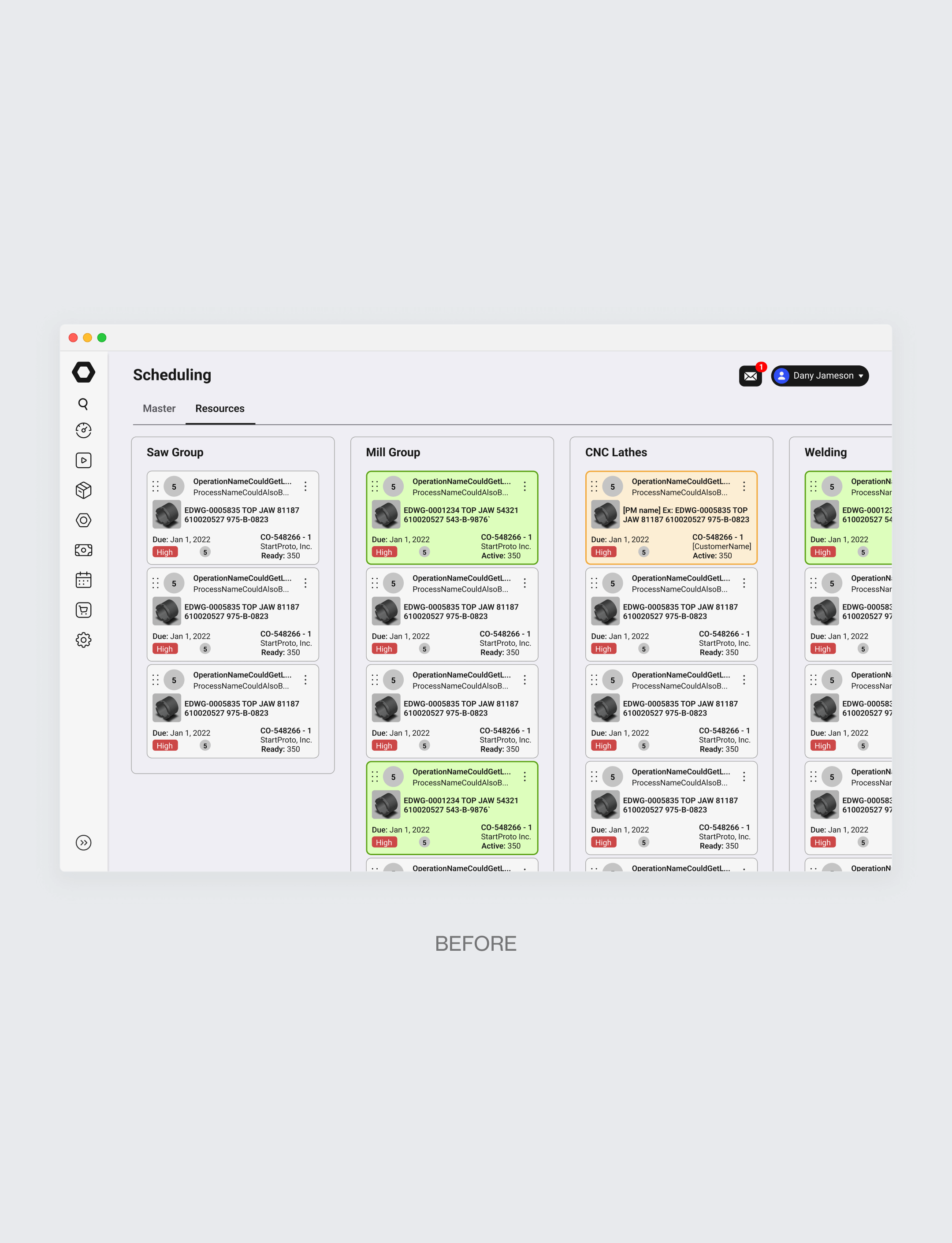 The old scheduling board, look-alike cards and placeholder text that obscured production status.