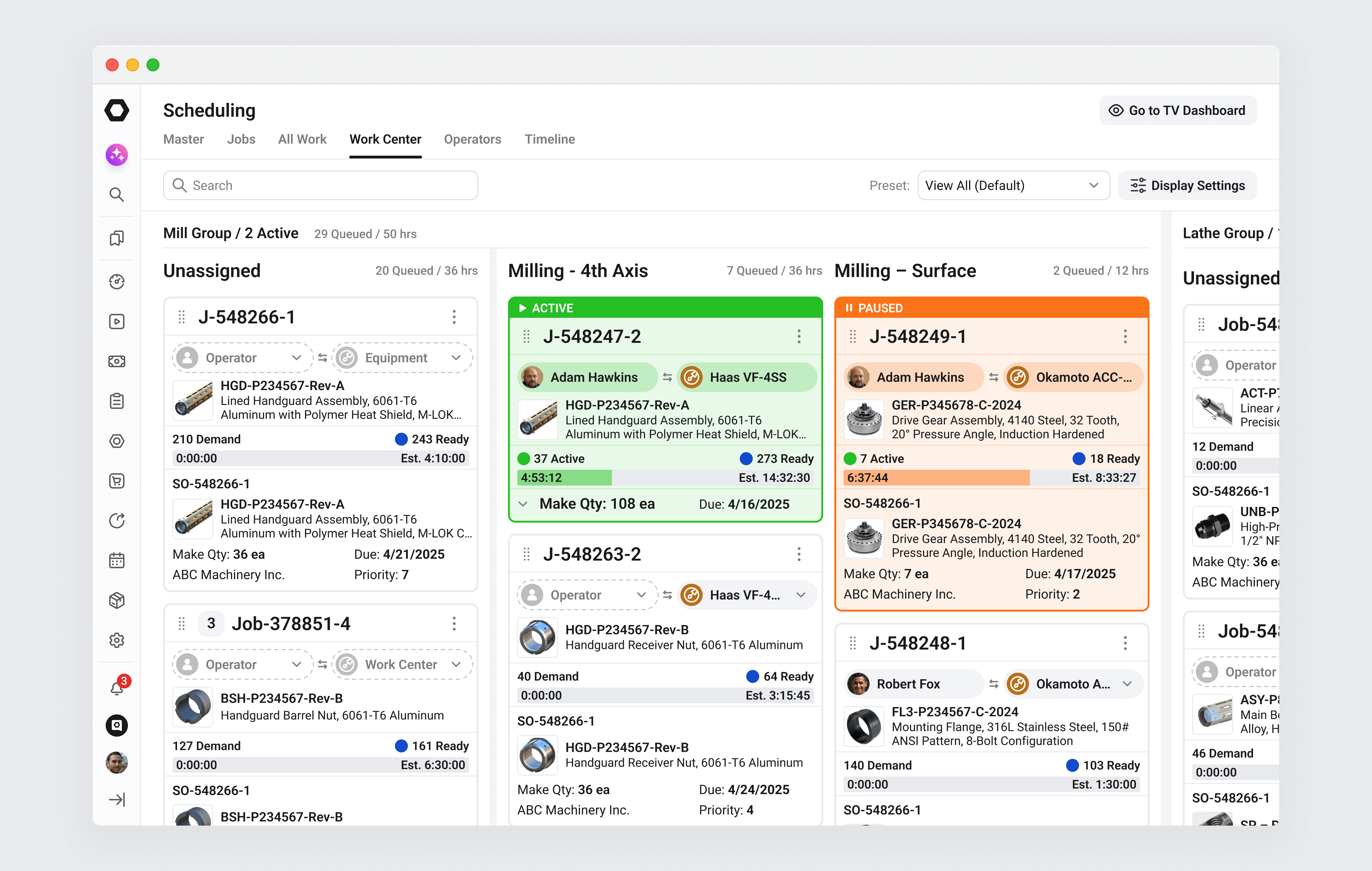 A scheduling kanban that maps jobs to machines and color-codes them by run state, showing live shop floor status.