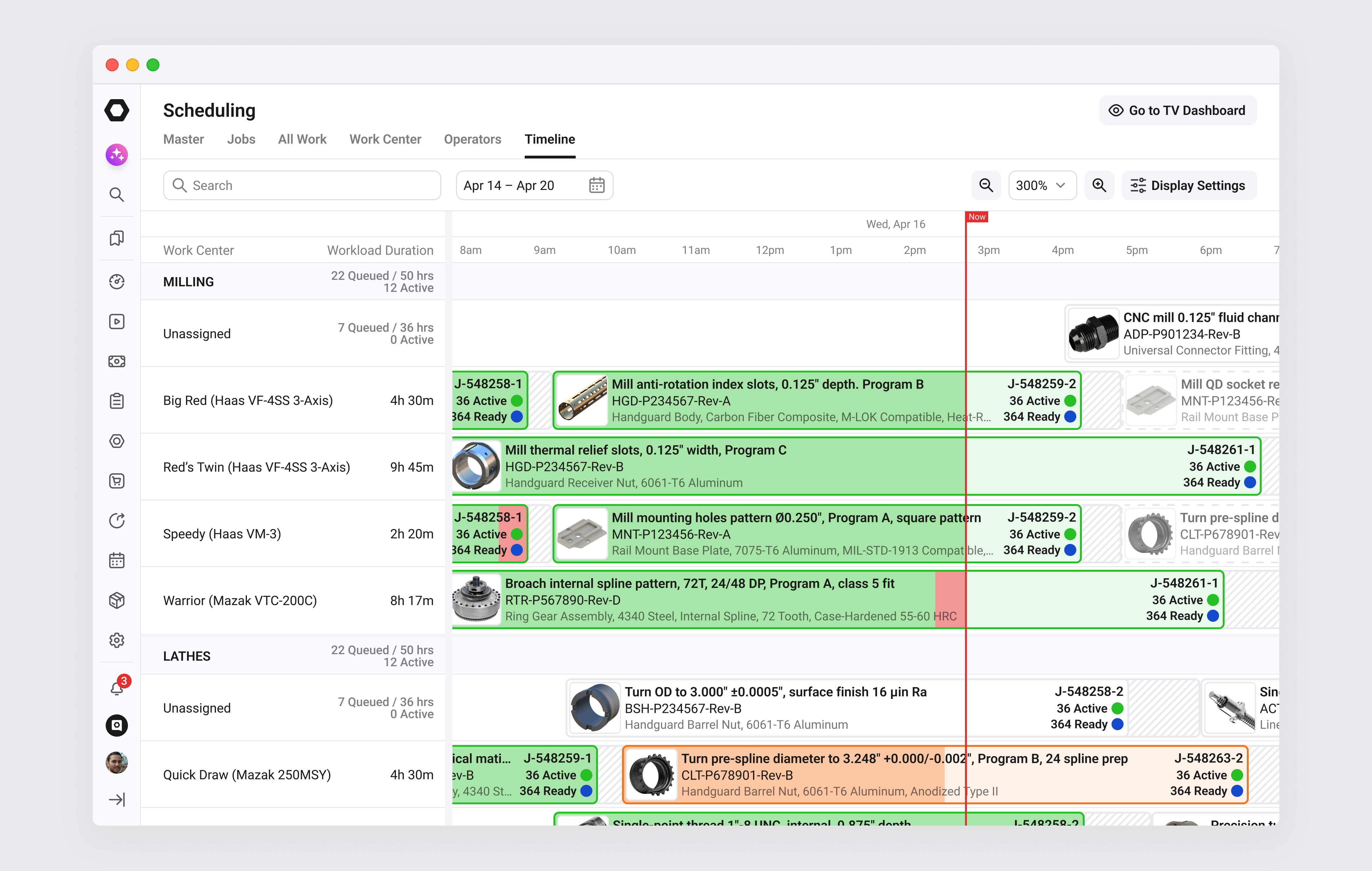 A scheduling timeline mapping jobs against a live now marker to reveal machine load and timing conflicts across the day.
