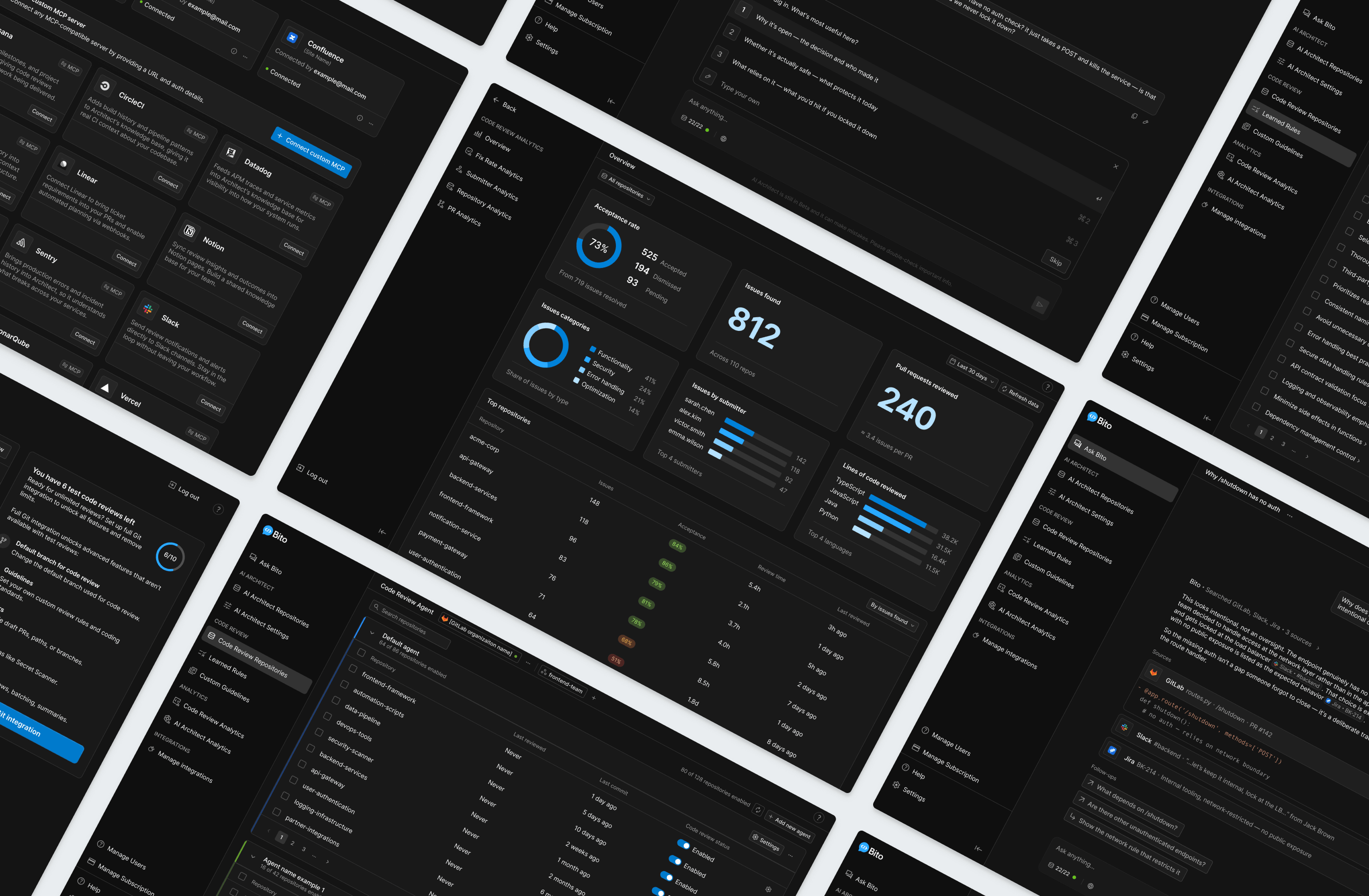 Bito's AI dev platform across code review, AI chat, Code Tour, and integrations in one dark-mode workspace.