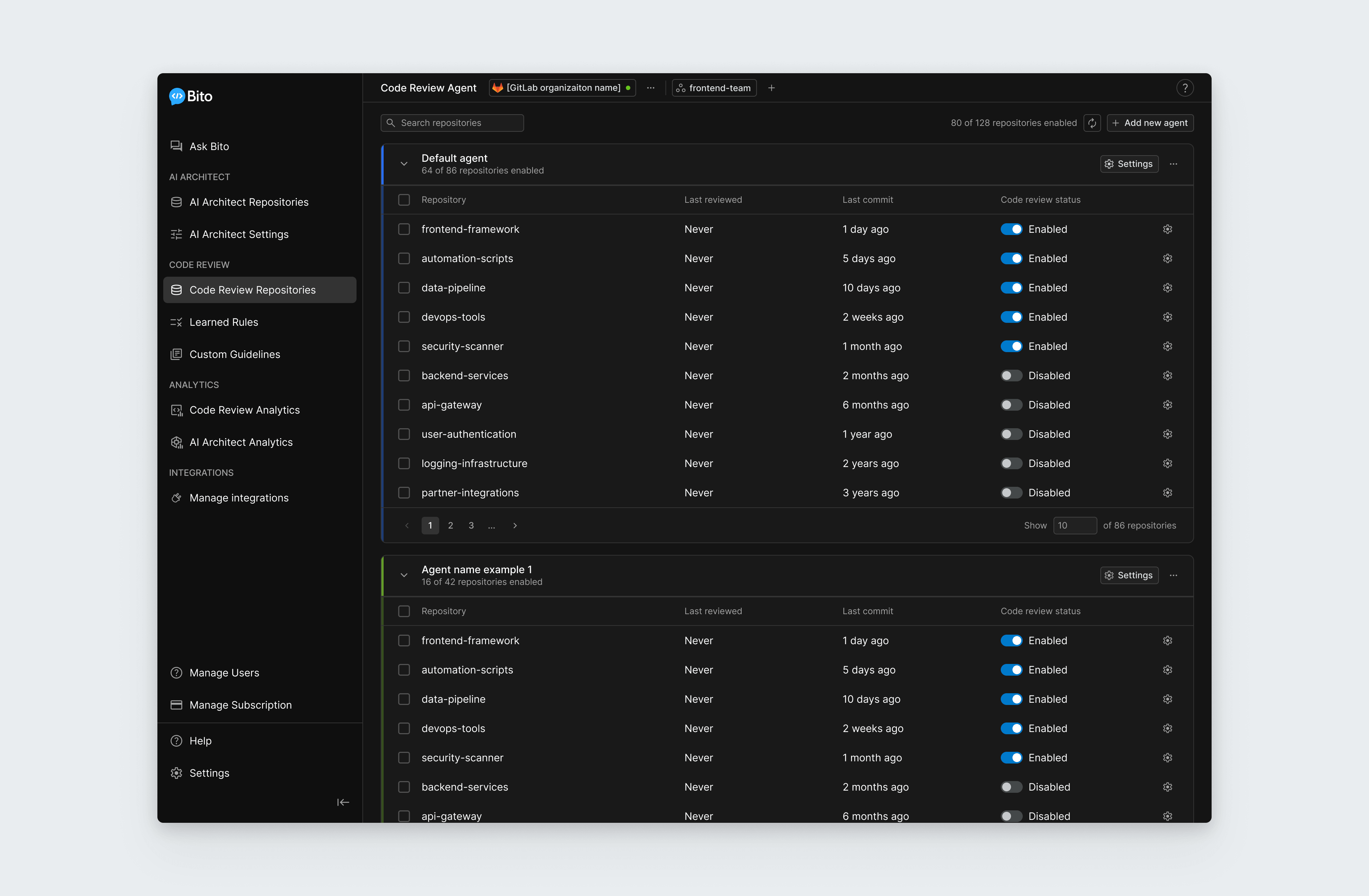 Bito web platform grouping repositories under review agents, each with a code-review on/off toggle