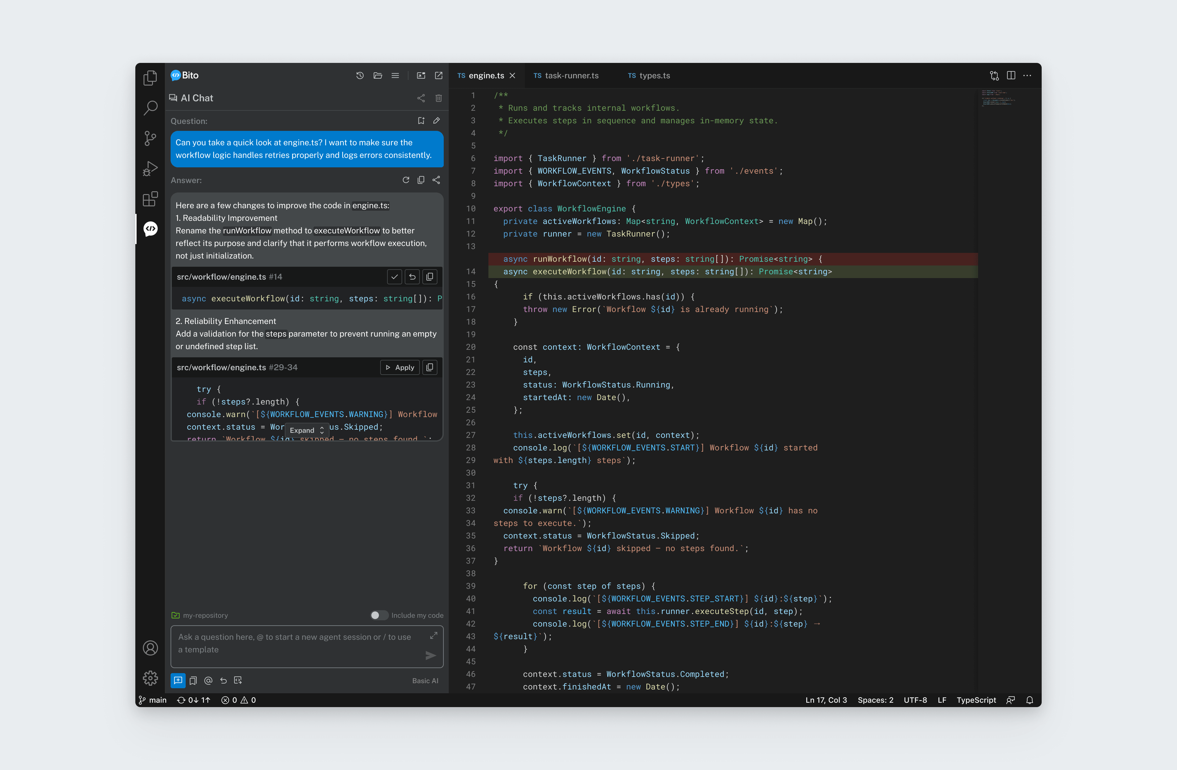Bito's AI chat proposing code changes with Apply actions and a highlighted diff in the editor