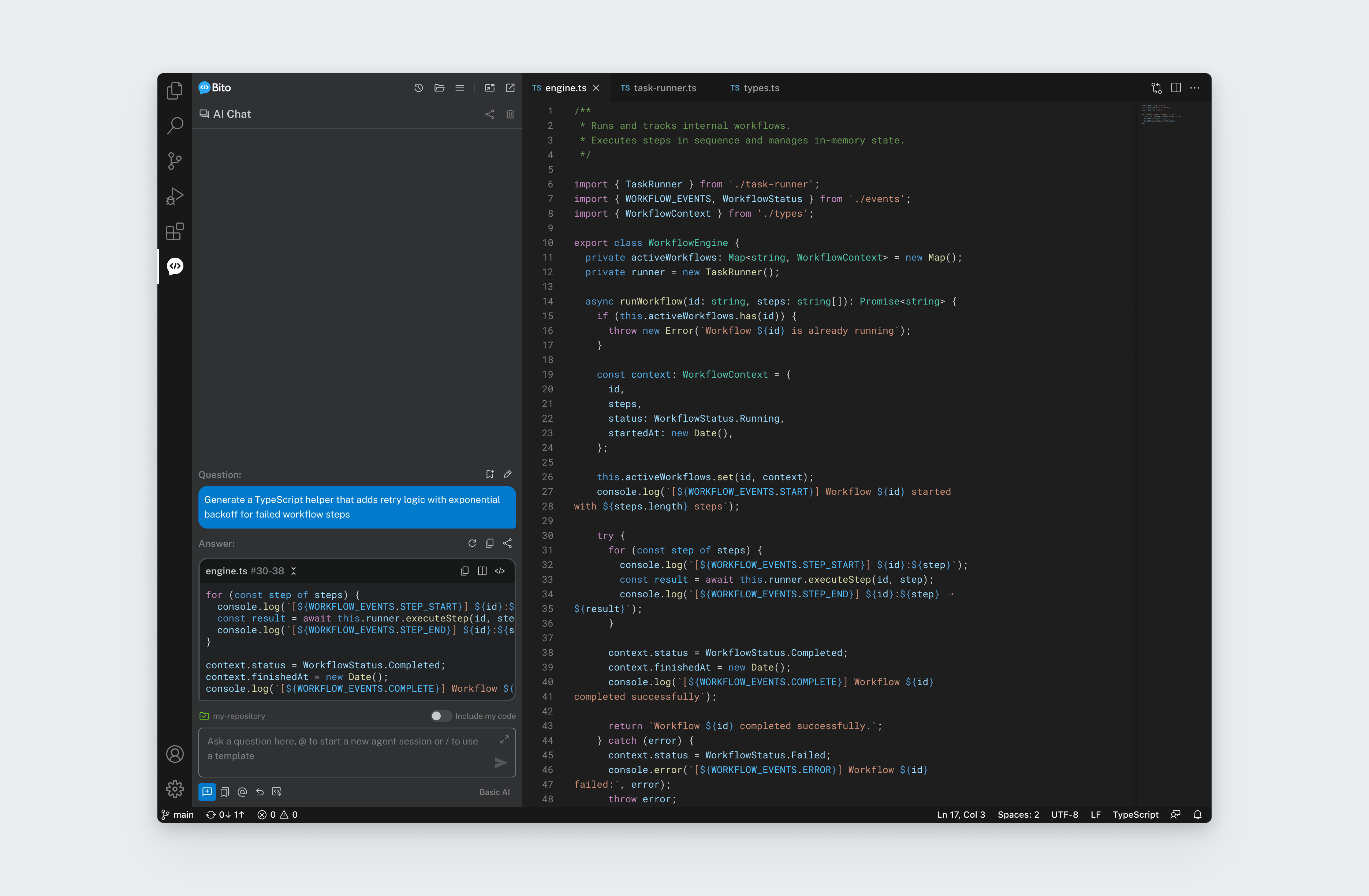 Bito's AI chat generating a TypeScript retry helper straight from a prompt.