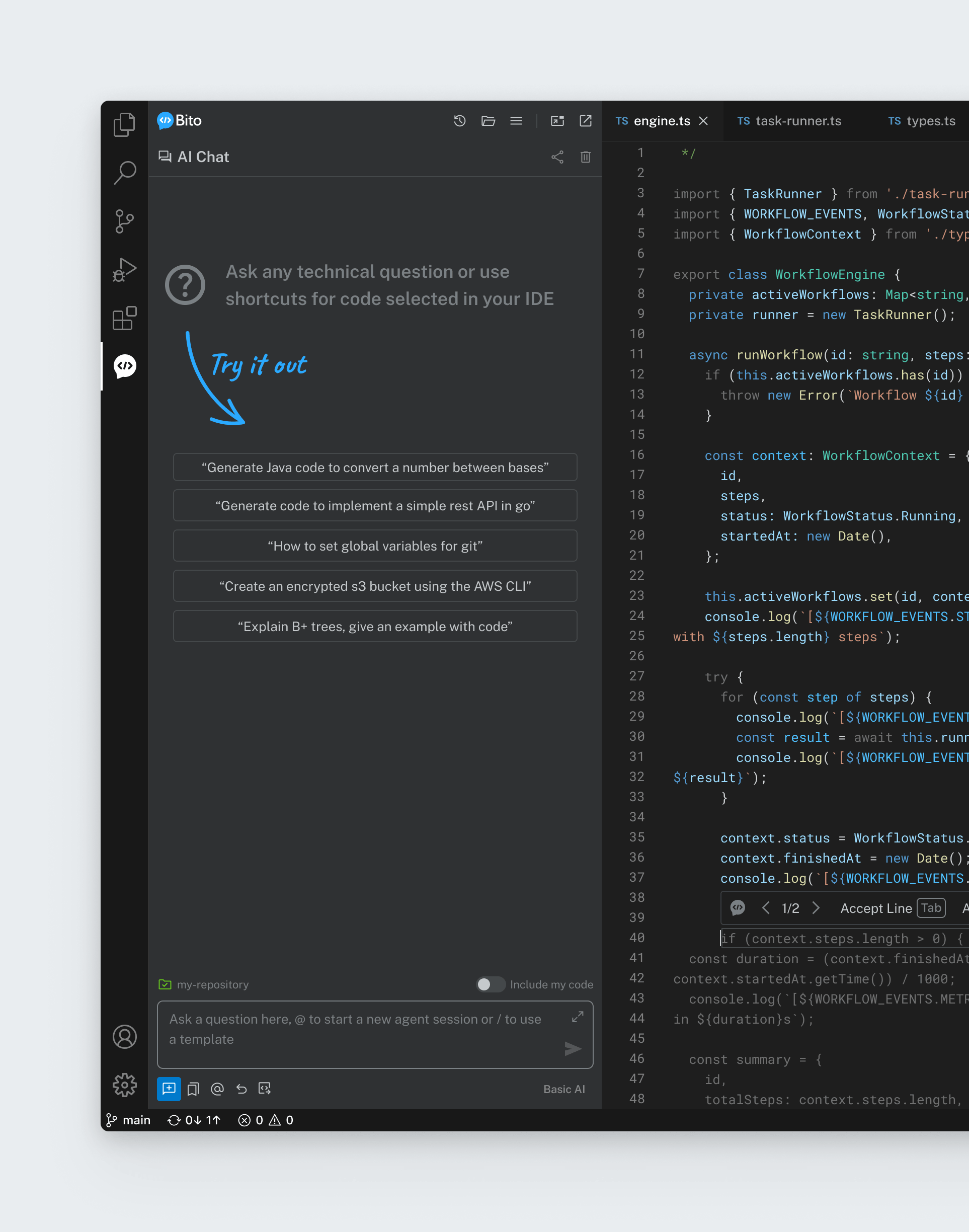 Bito's AI chat panel suggesting example prompts, open beside the code editor