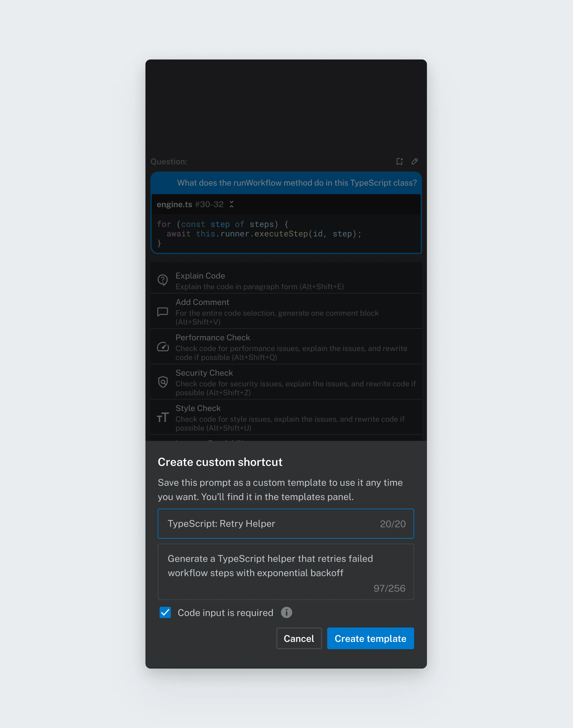 Bito's dialog for saving any prompt as a reusable custom shortcut.