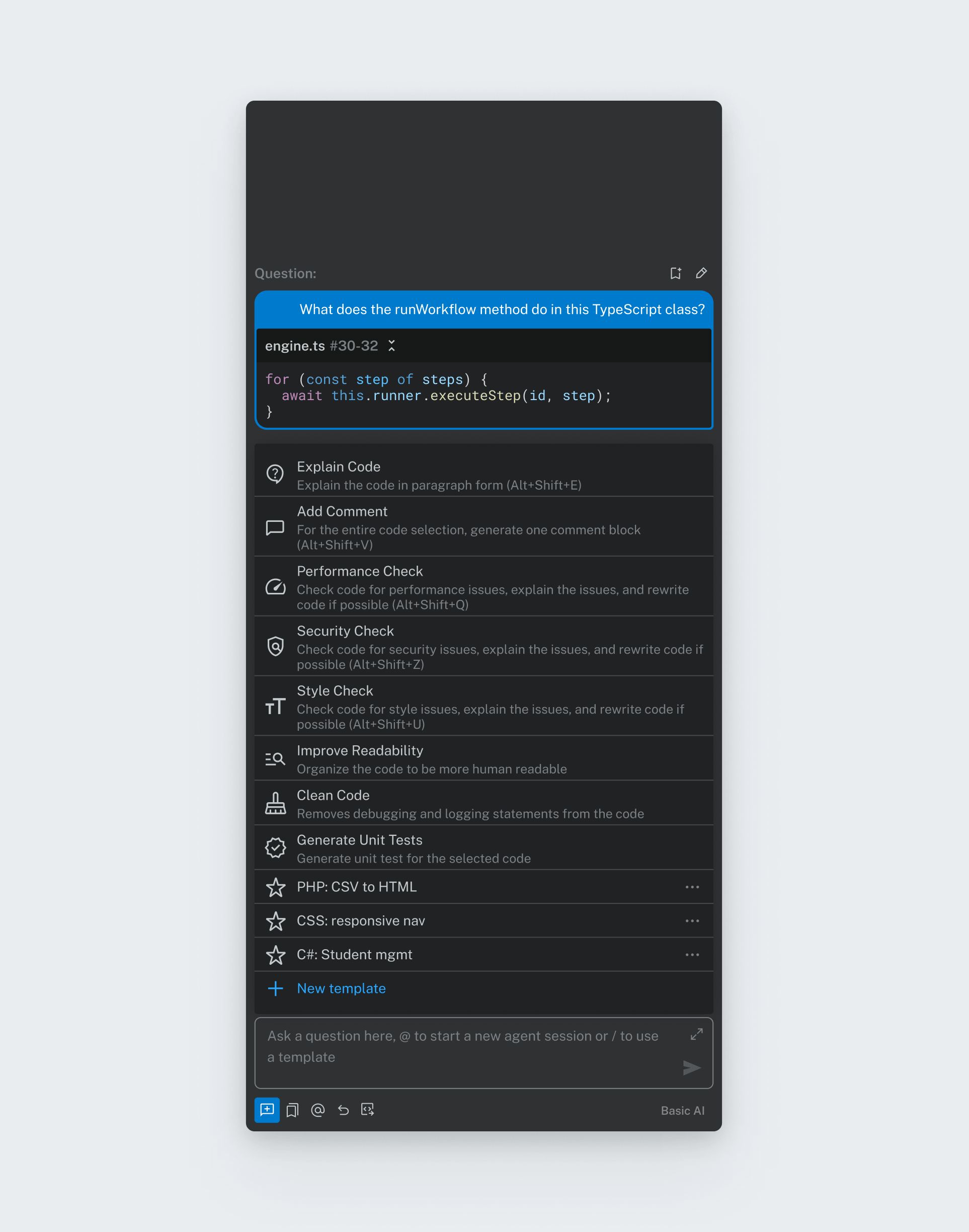 Bito's AI chat shortcuts for explaining, commenting, performance, security, and test generation, plus custom templates.