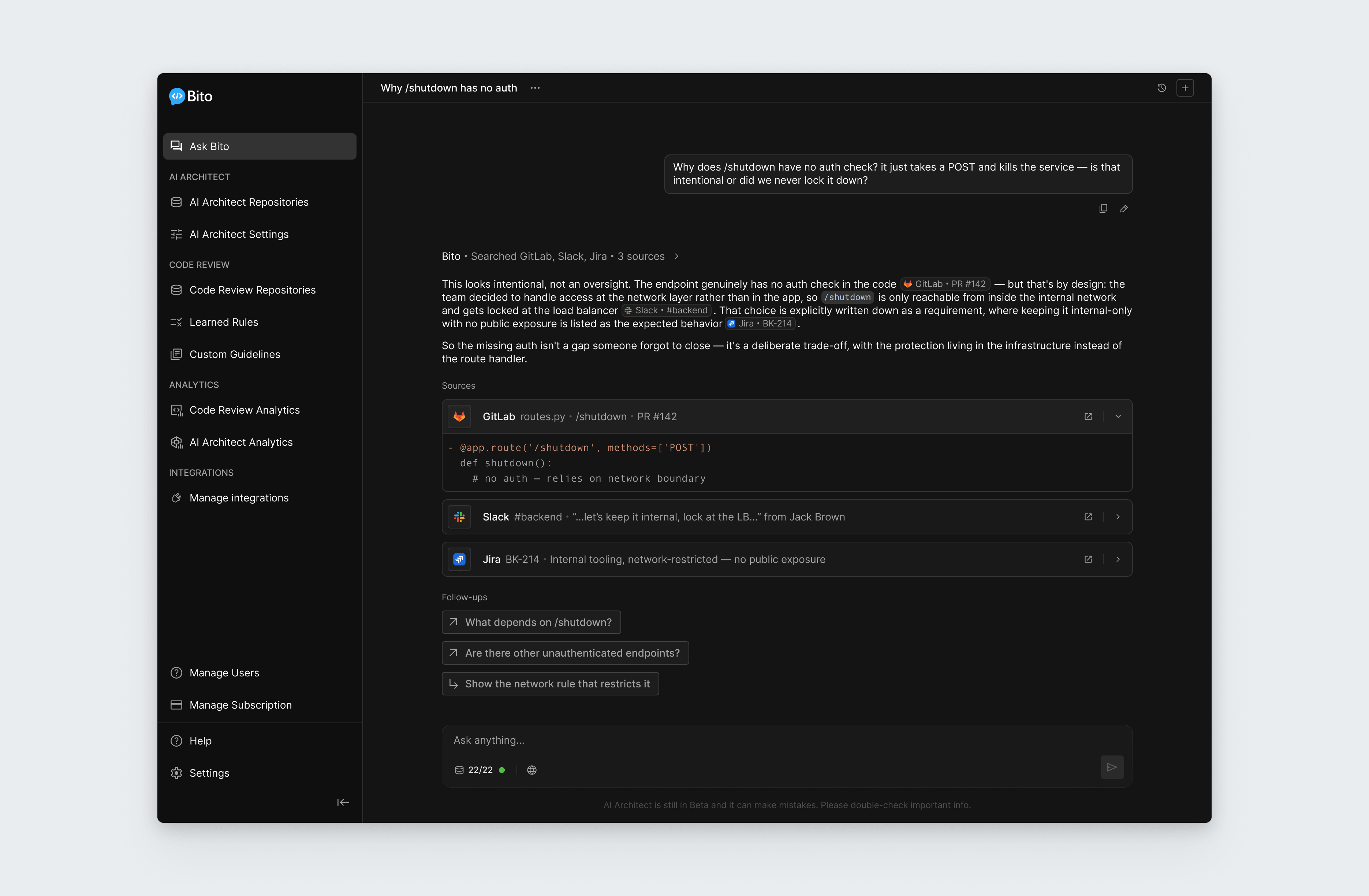 Bito's AI Architect answering with citations to GitLab, Slack, and Jira, each linking back to the source.