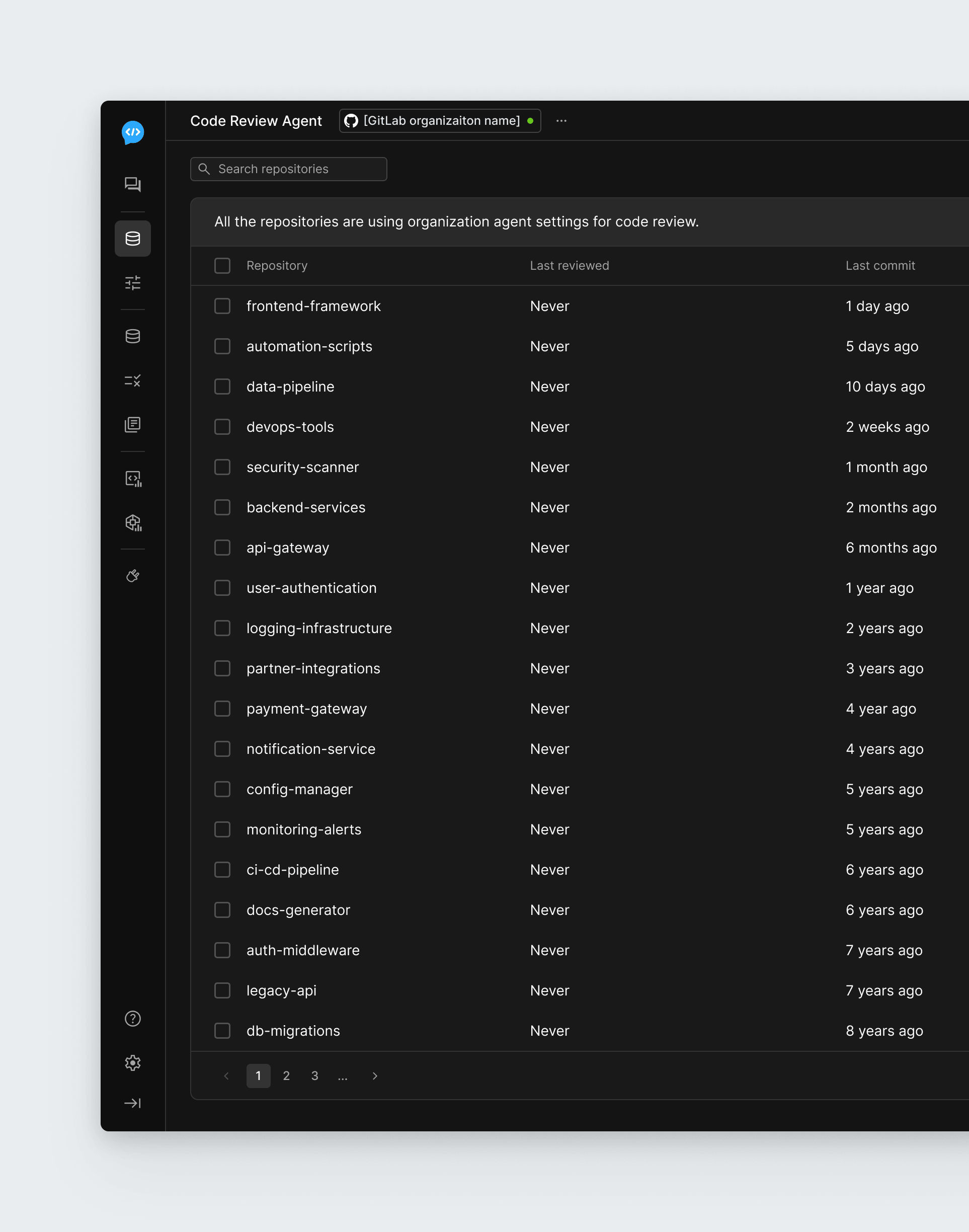Bito's Code Review Agent dashboard listing repositories with each one's last commit and review status