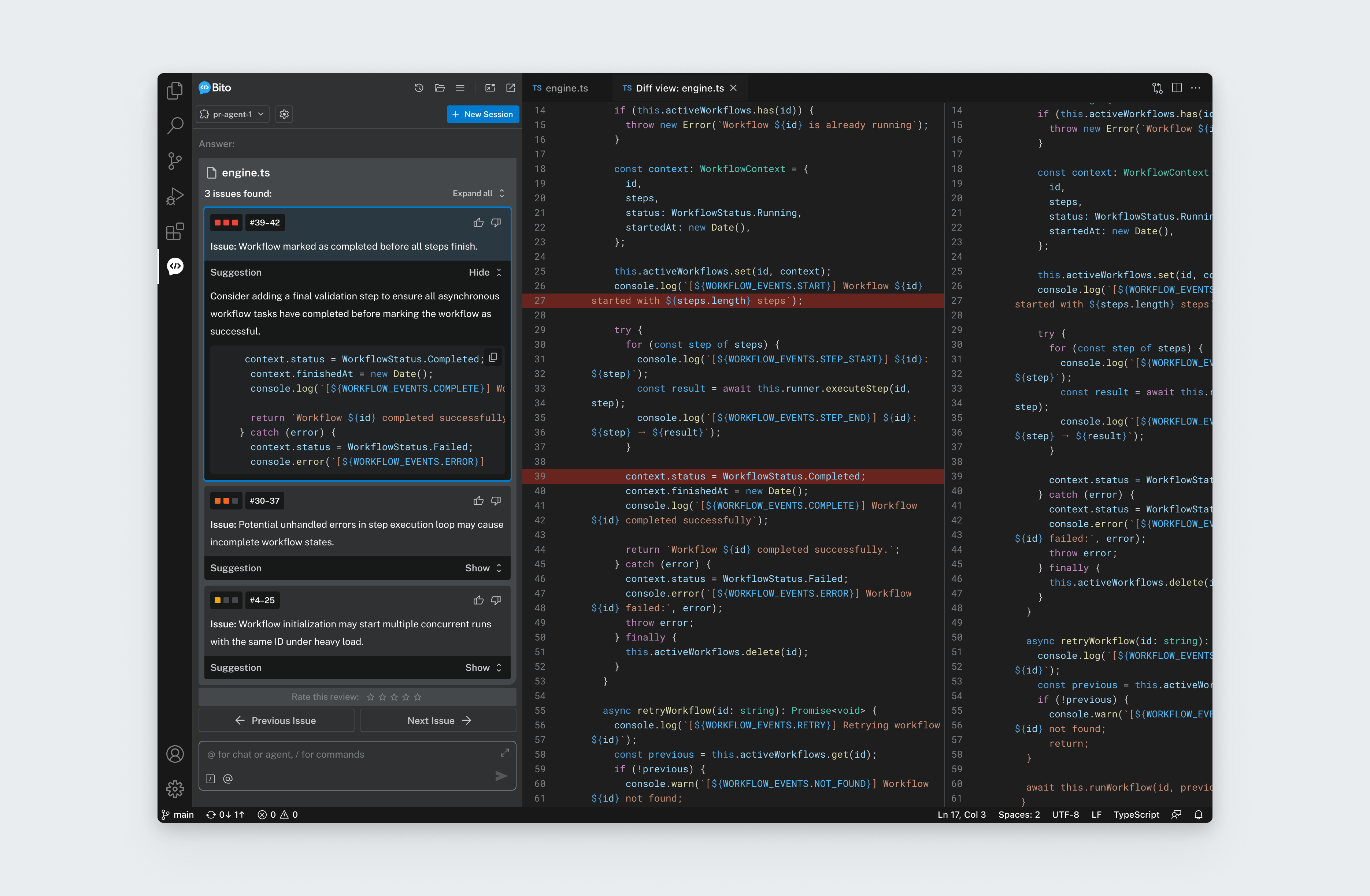 Bito's in-IDE code review listing issues by severity with suggested fixes against a side-by-side diff.