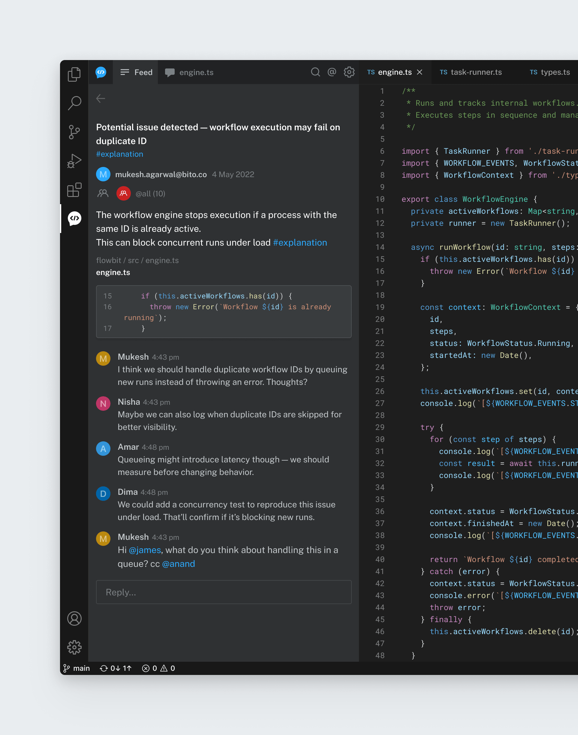An in-IDE discussion thread and comments resolving a duplicate-ID bug, keeping the conversation on the code.