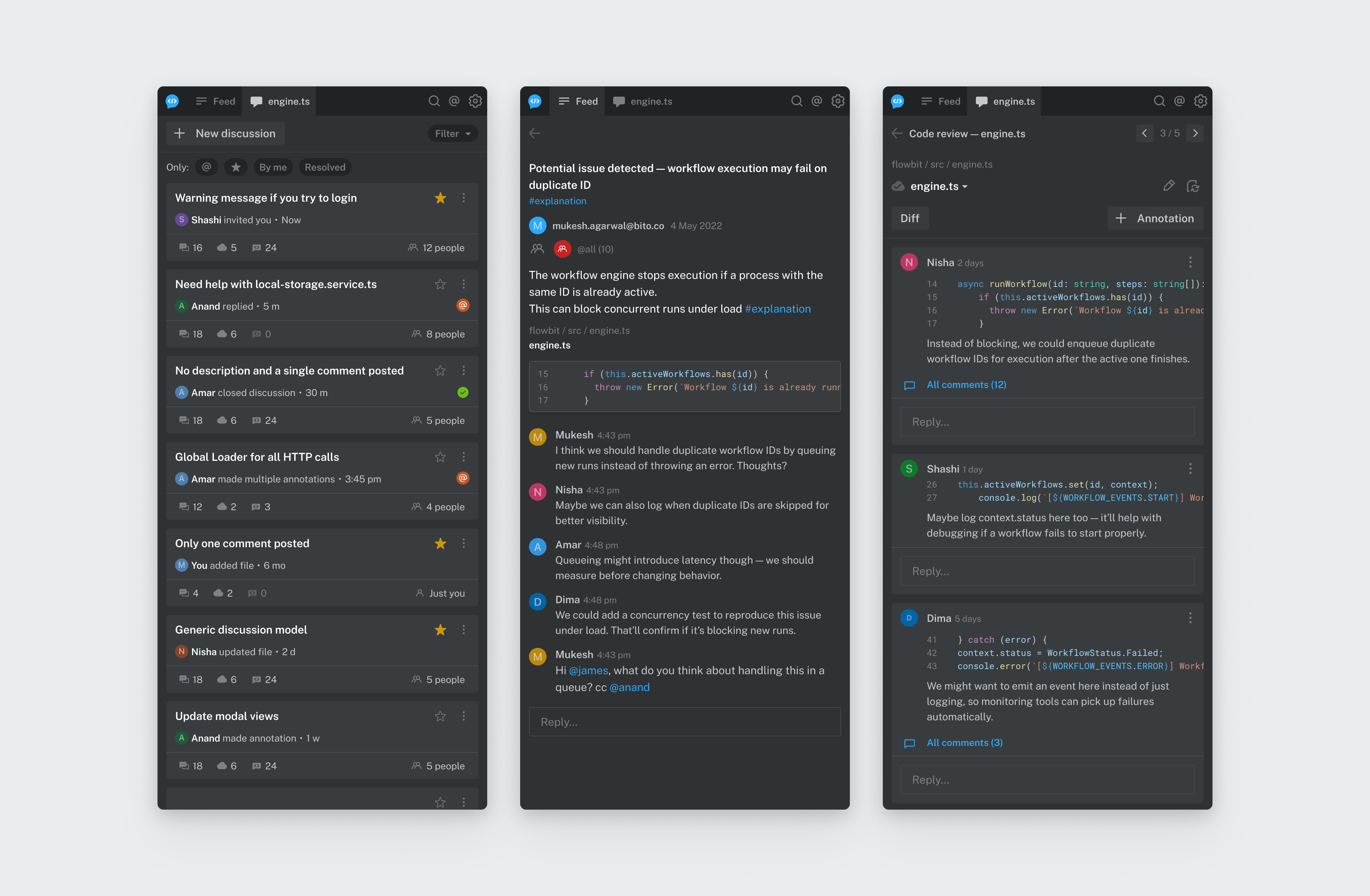A discussion feed, an issue thread, and a code review with line annotations