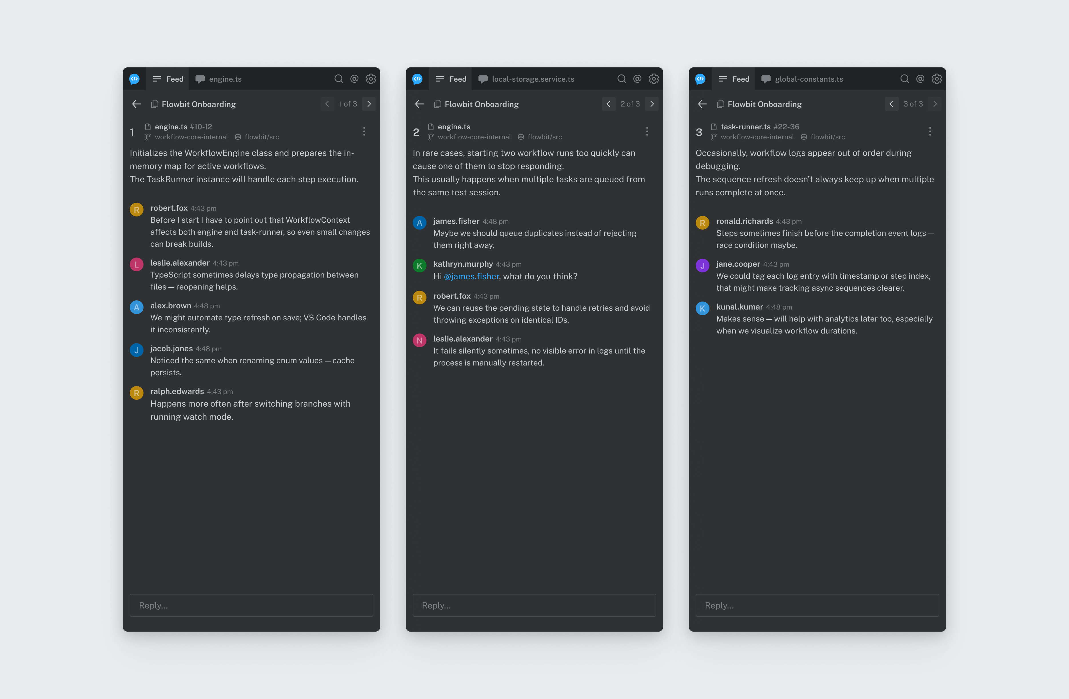 Code Tour onboarding that pairs each code note with a teammate discussion thread.