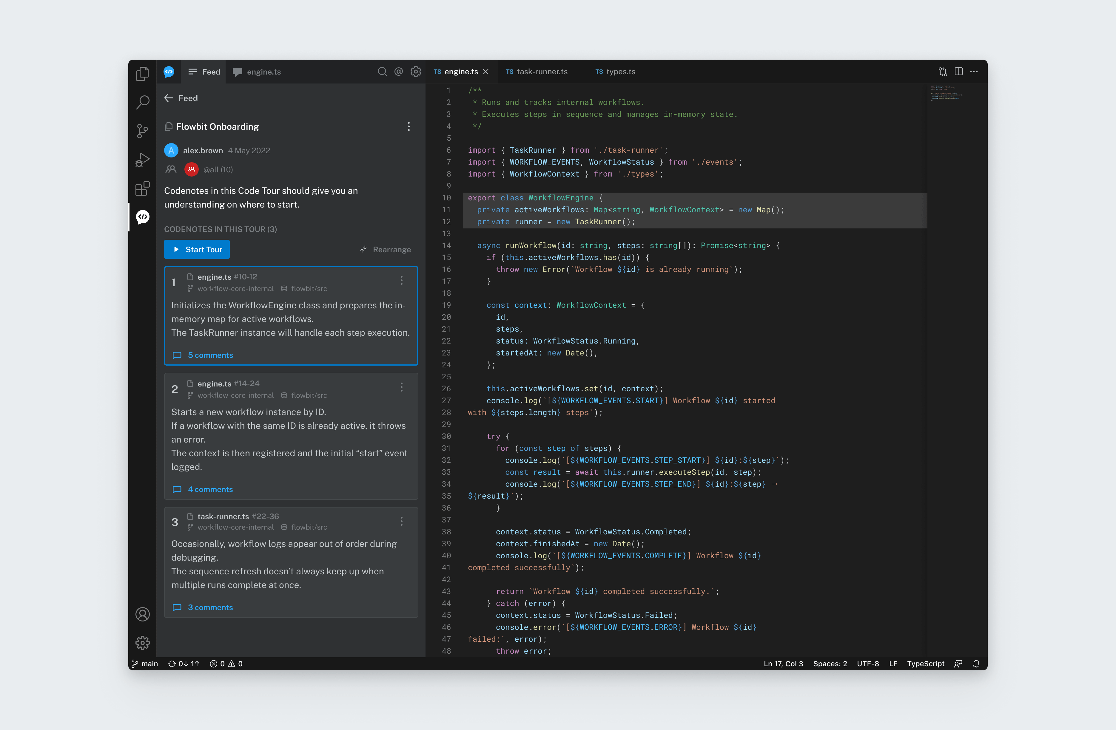 Bito's сode tour panel with numbered onboarding notes linked to highlighted lines in the editor