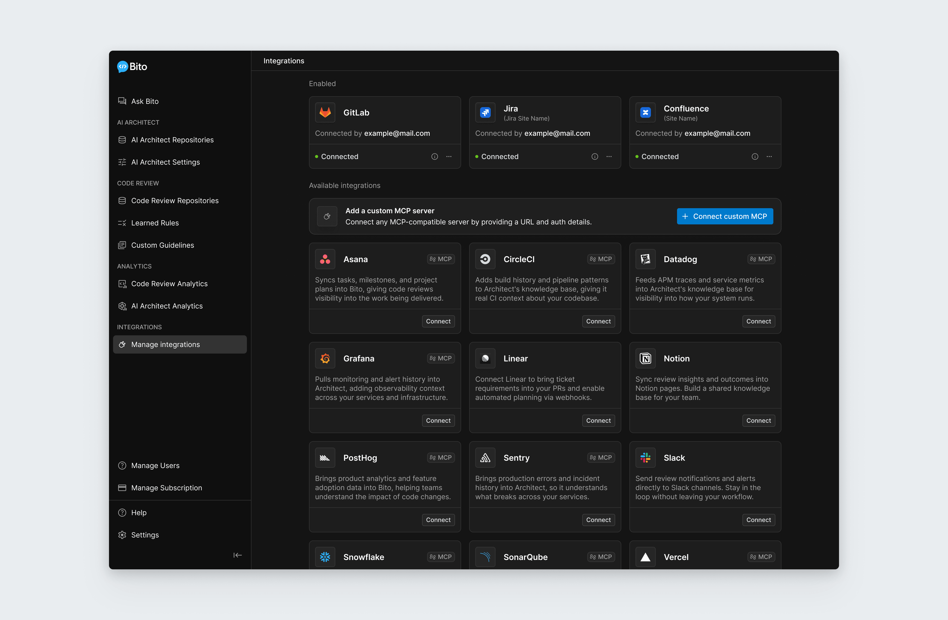 Bito's integrations connecting GitLab, Jira, and Confluence, with a grid of MCP tools to add.
