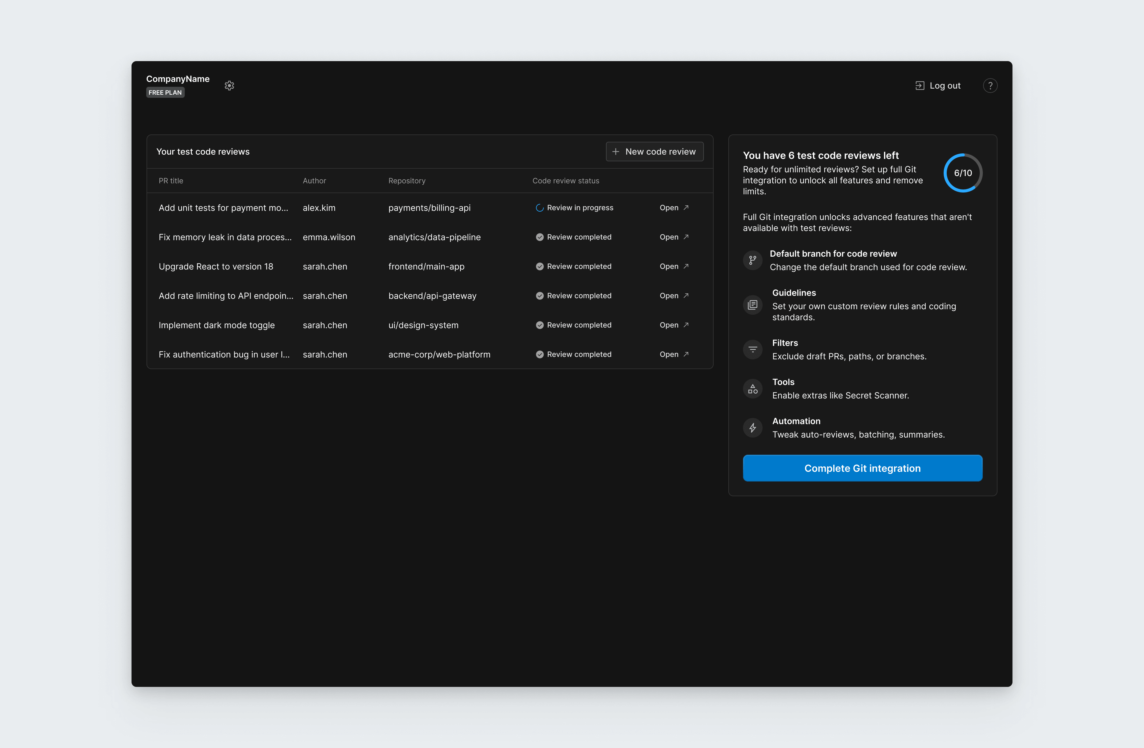 Bito's code review running on the web platform, prompting the user to finish connecting Git.