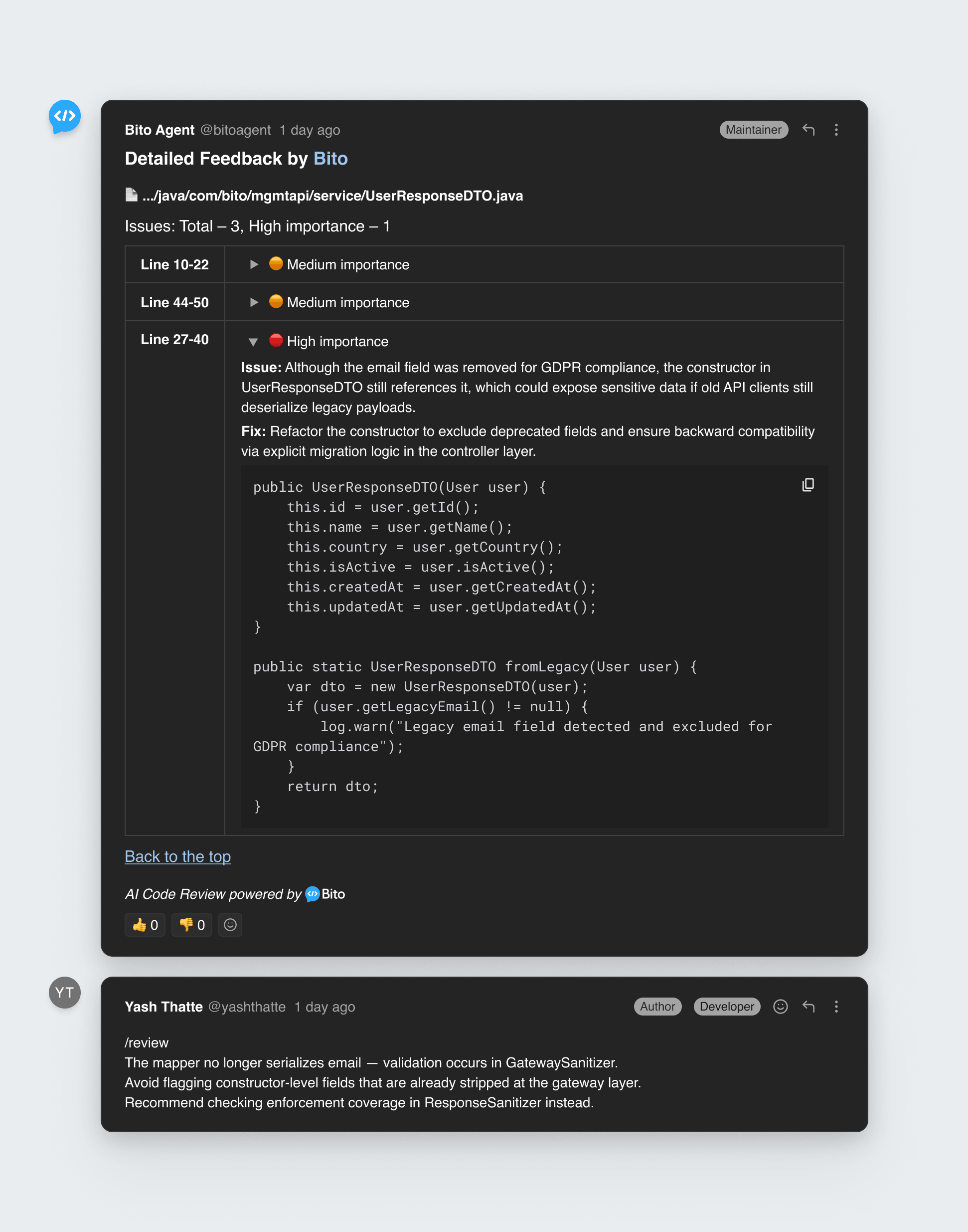 A Bito pull-request review comment that developers react to with thumbs-up/down and a reply