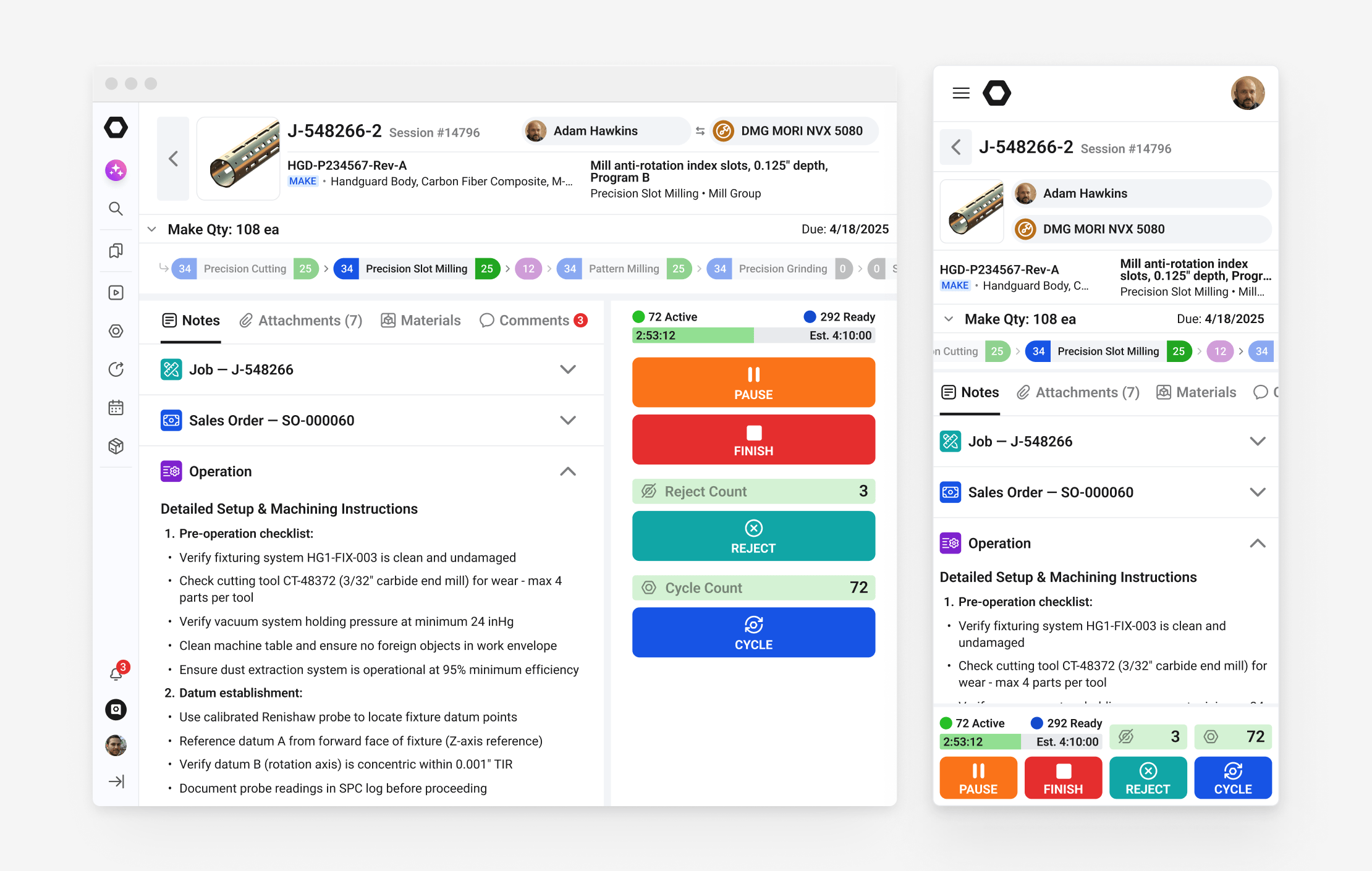 ERP UI/UX design for job execution on the shop floor: an operation on desktop and in a narrow layout, with setup instructions, cycle and reject counts, and the run controls an operator uses at the machine