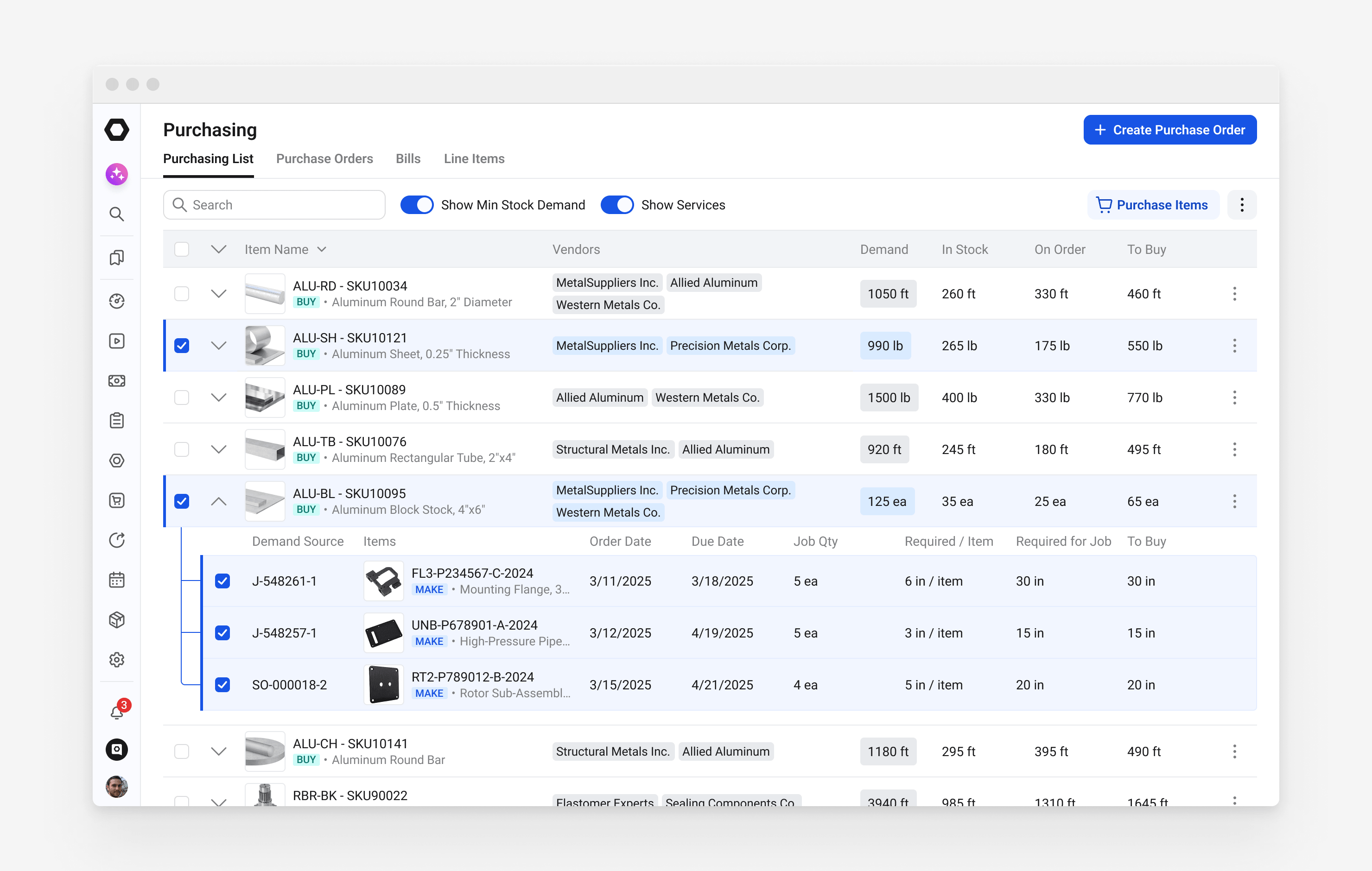 A smart purchasing list with demand-driven items selected for a one-click, on-demand purchase order across multiple jobs and vendors.