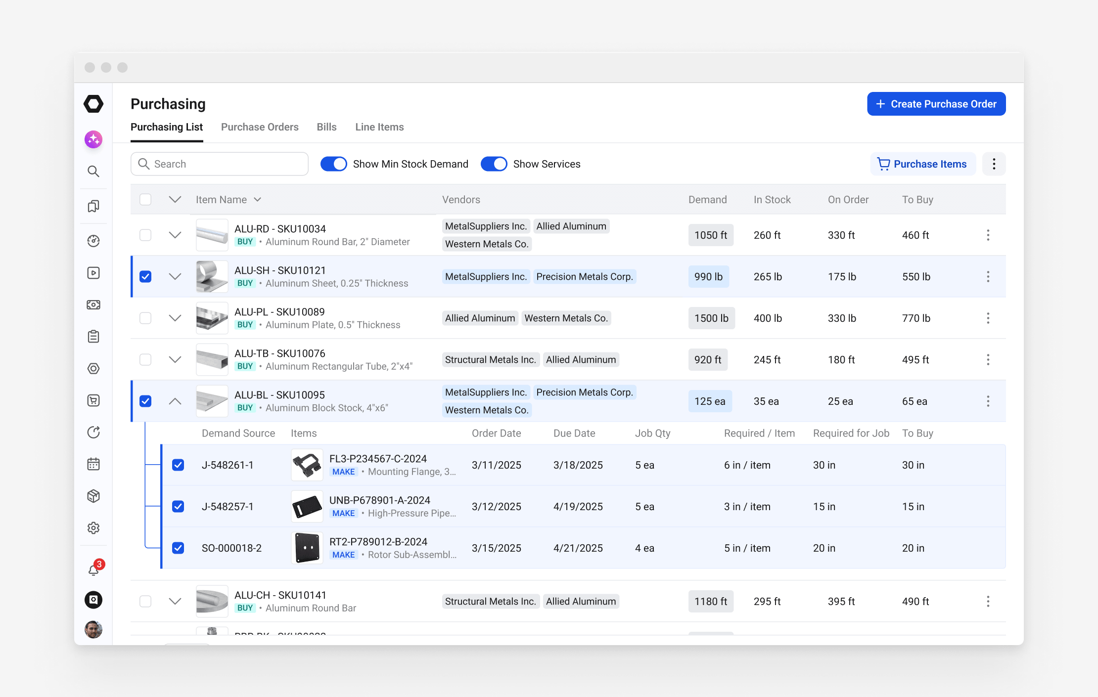 Purchasing list in the StartProto ERP, with an item expanded to show the jobs and sales order that created its demand, and the quantity required for each