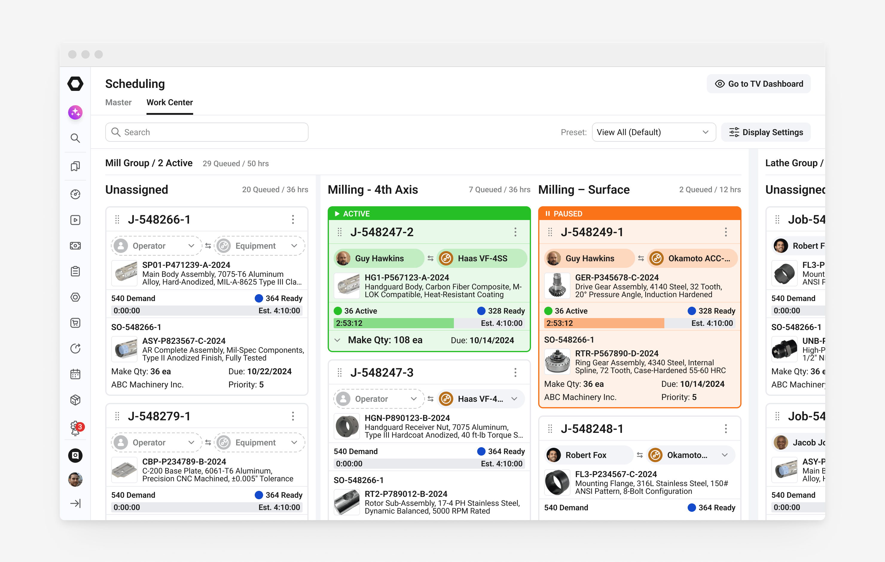 ERP UI/UX design of a scheduling board after redesign, with job cards showing run state, operator and machine