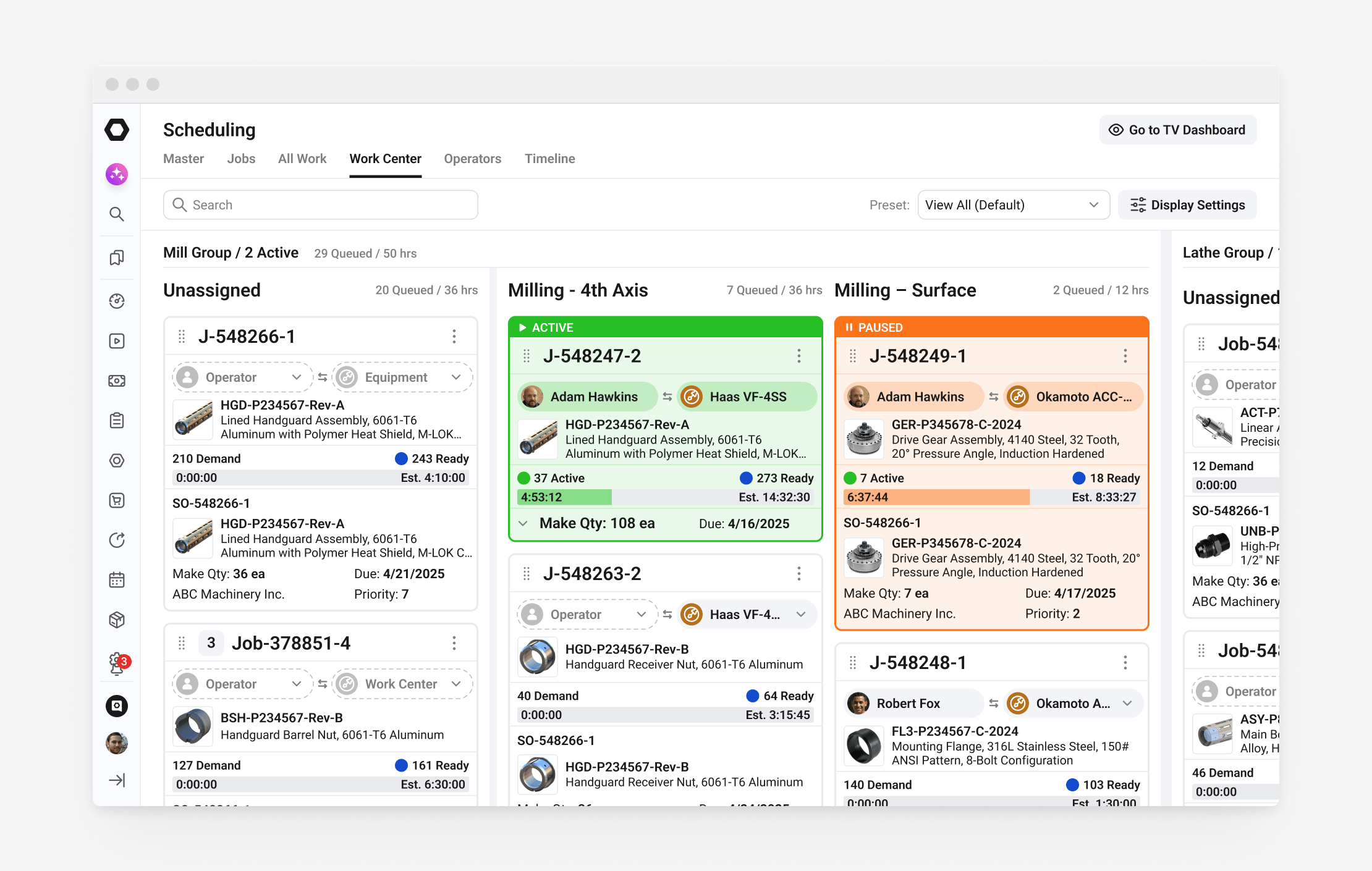 ERP UI/UX design of a scheduling board after redesign, with job cards showing run state, operator and machine