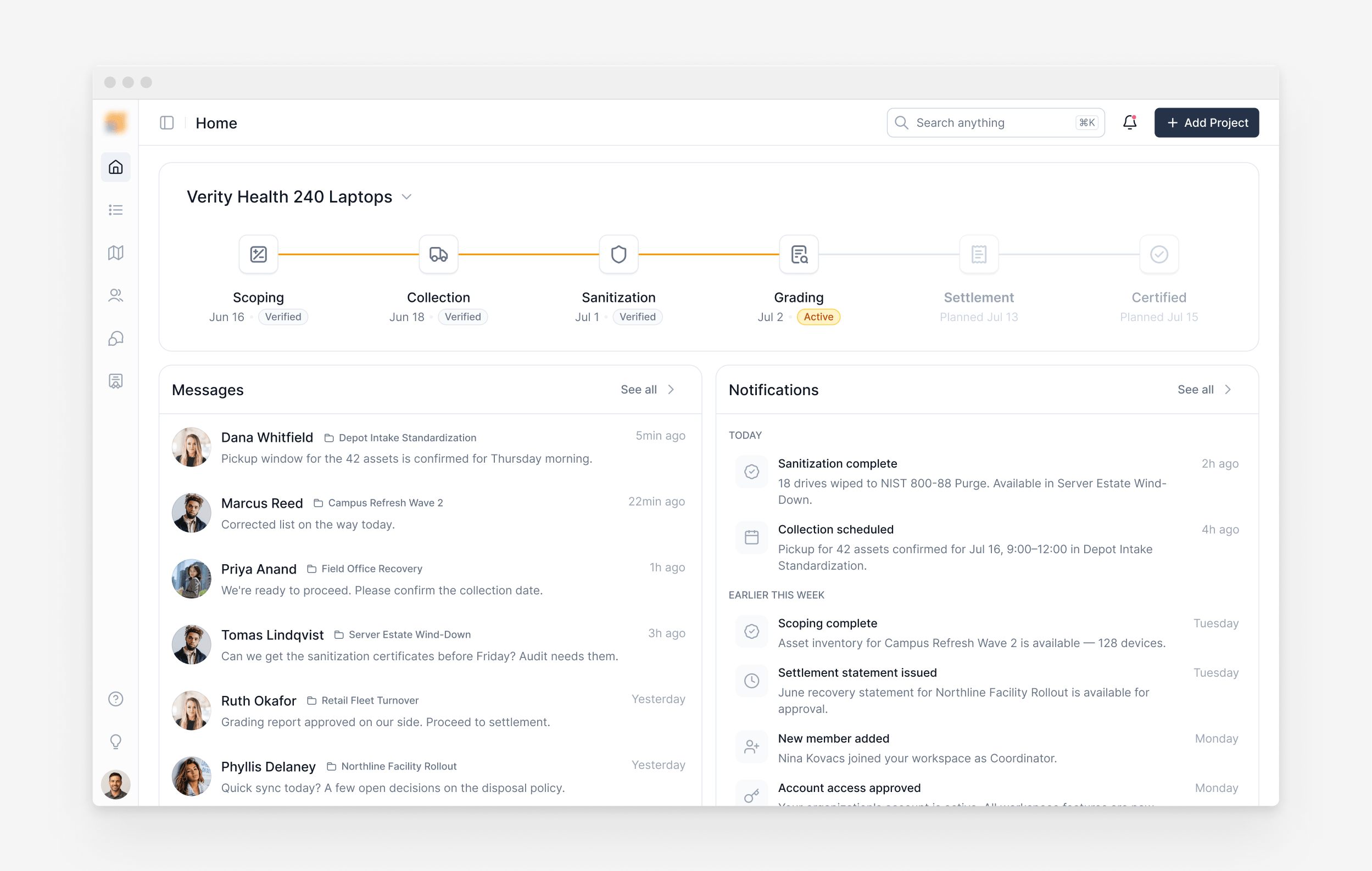 Project home in a B2B software product, with a six-stage progress bar from scoping to certified, and the messages and notifications that move a project between stages