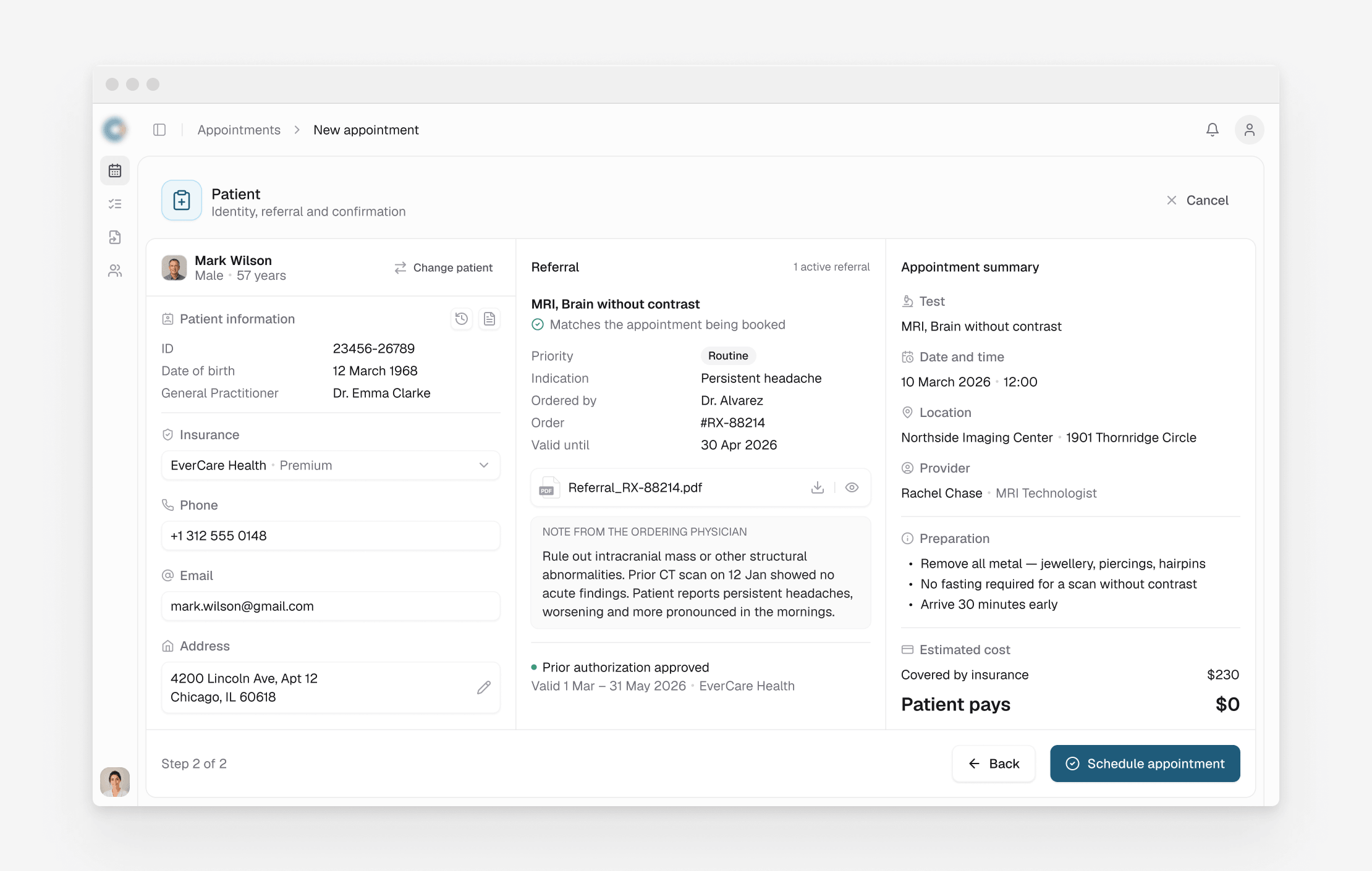 Medical app patient record with referral validation and an appointment summary