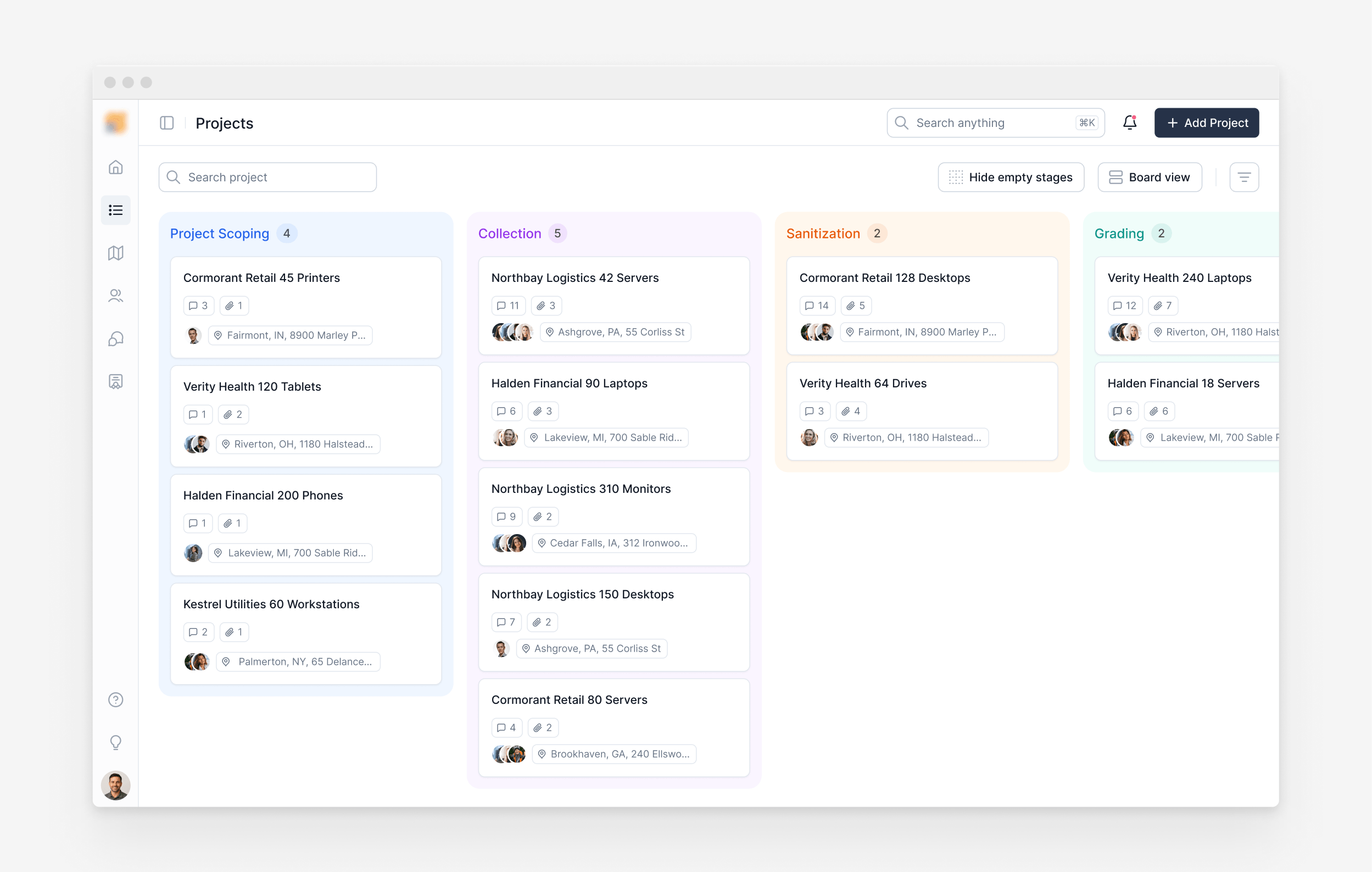 Projects board in a B2B product, with columns for each stage of the process and cards carrying the client, the asset count, the site and the people assigned