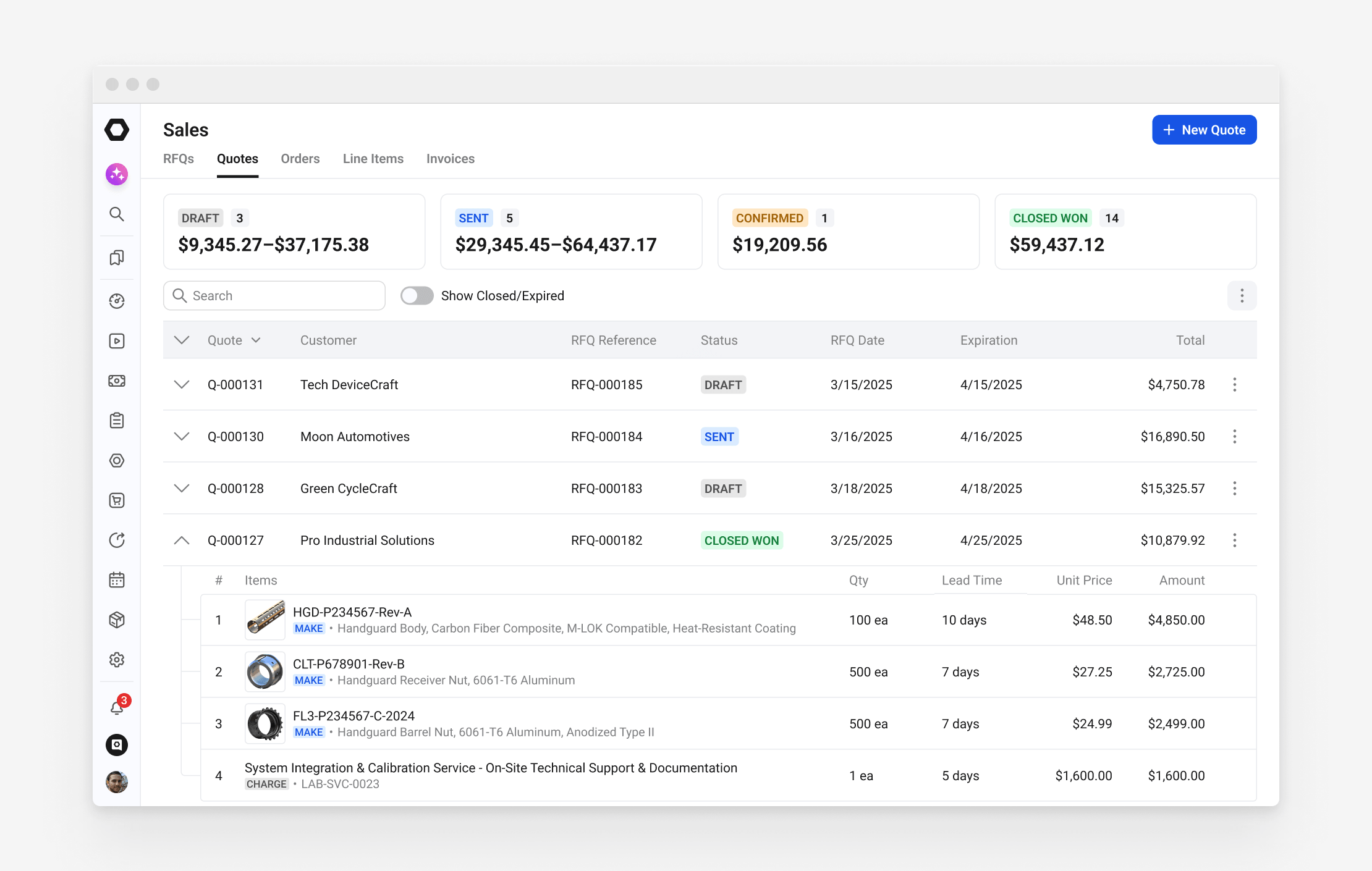 Quoting interface after redesign, with quote value grouped by status at the top and each quote expanding into its line items with part thumbnails, lead times and unit prices