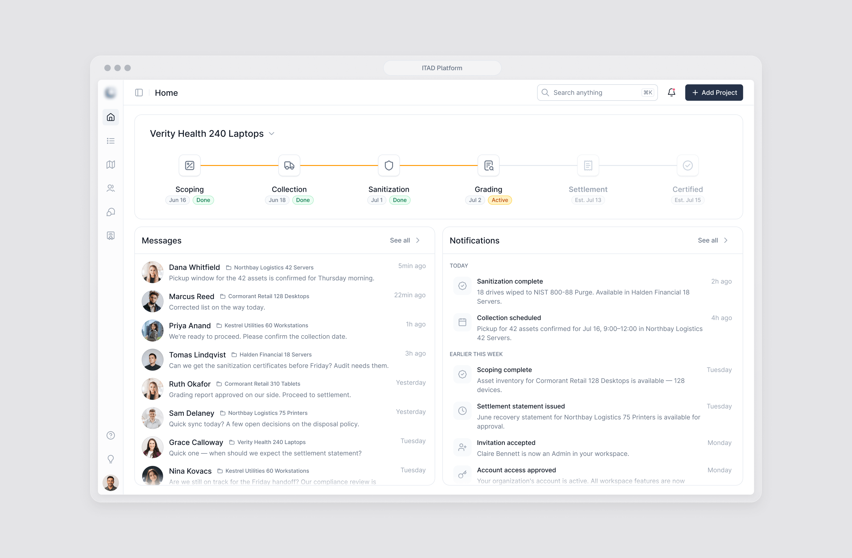 ITAD client portal dashboard with project stages, recent activity and documents.