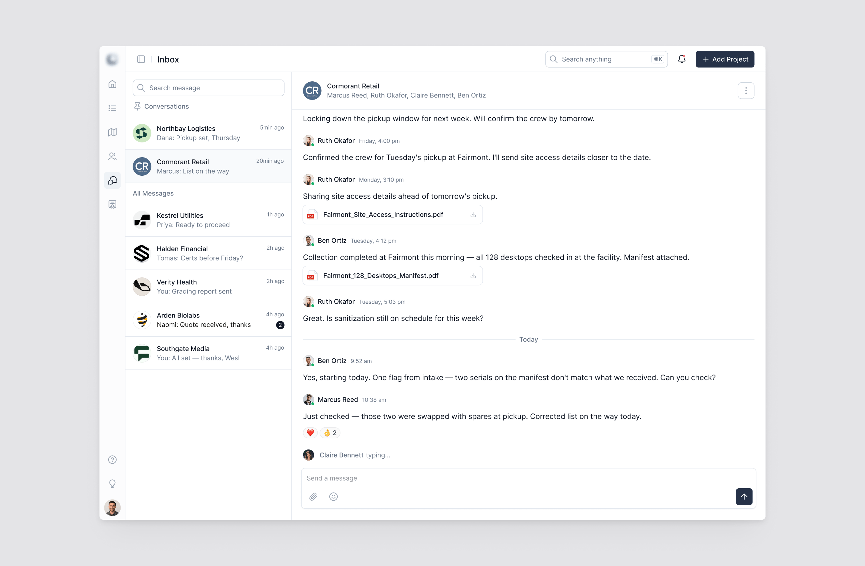 Client portal inbox with account conversations and an open message thread for ITAD project communication.
