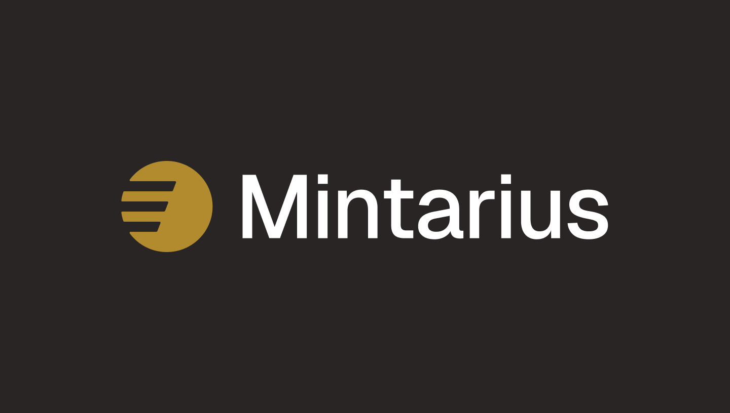 Brand mark and wordmark on dark background — white and gold colour system applied to reversed brand identity