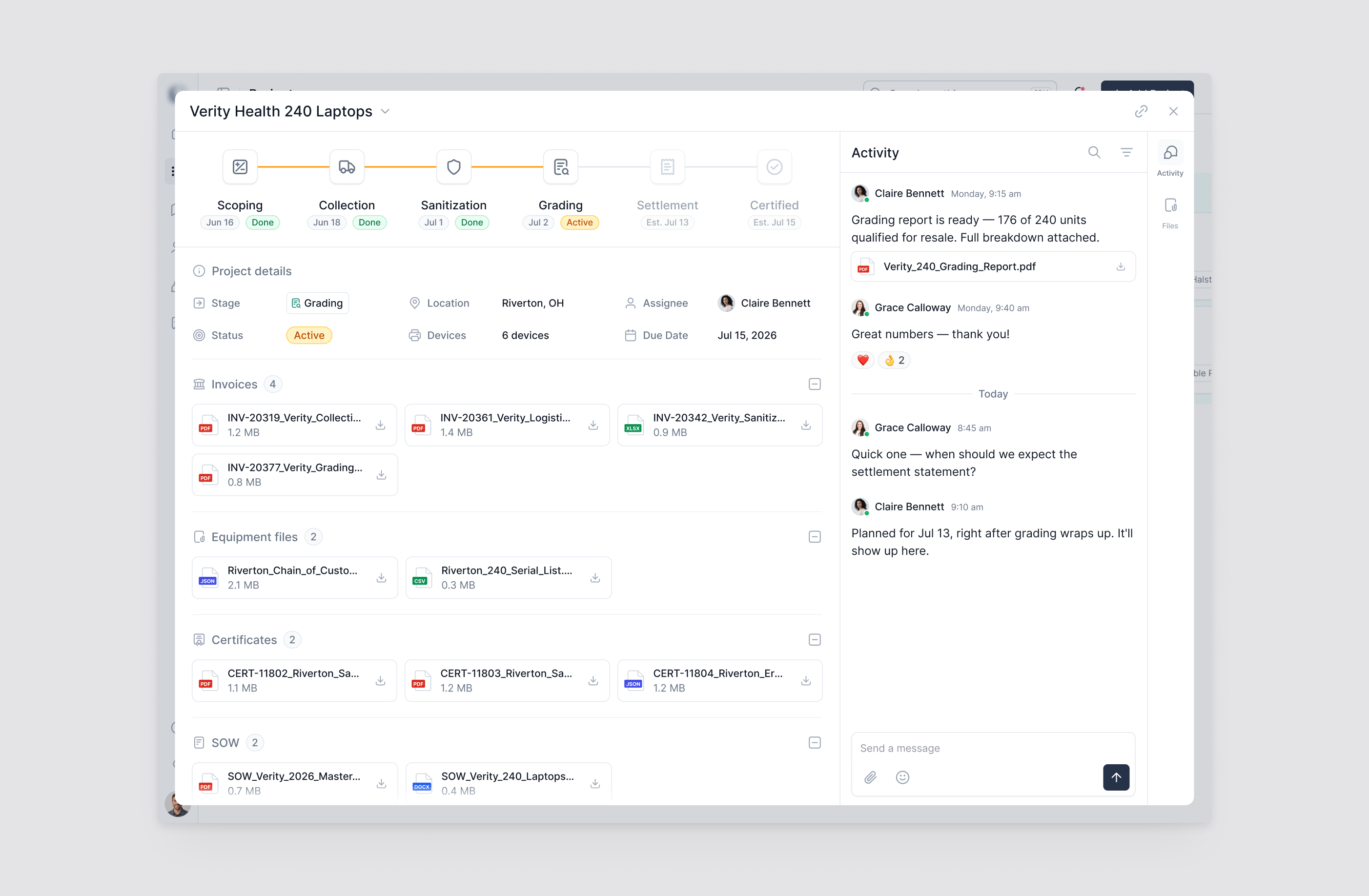 ITAD project details with pipeline timeline, grouped documents and a project activity thread.