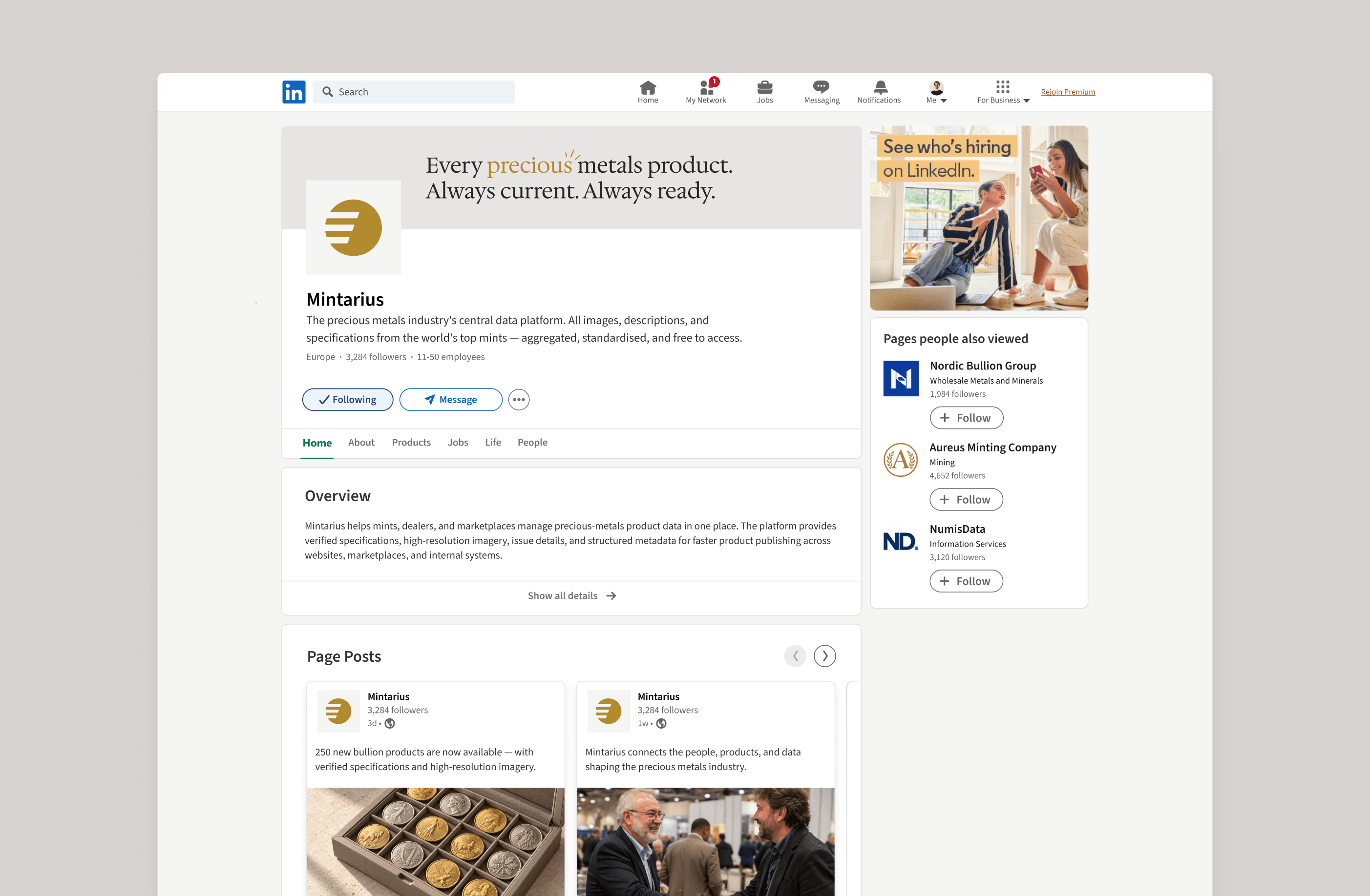 Mintarius LinkedIn company page with a branded cover, profile icon and posts