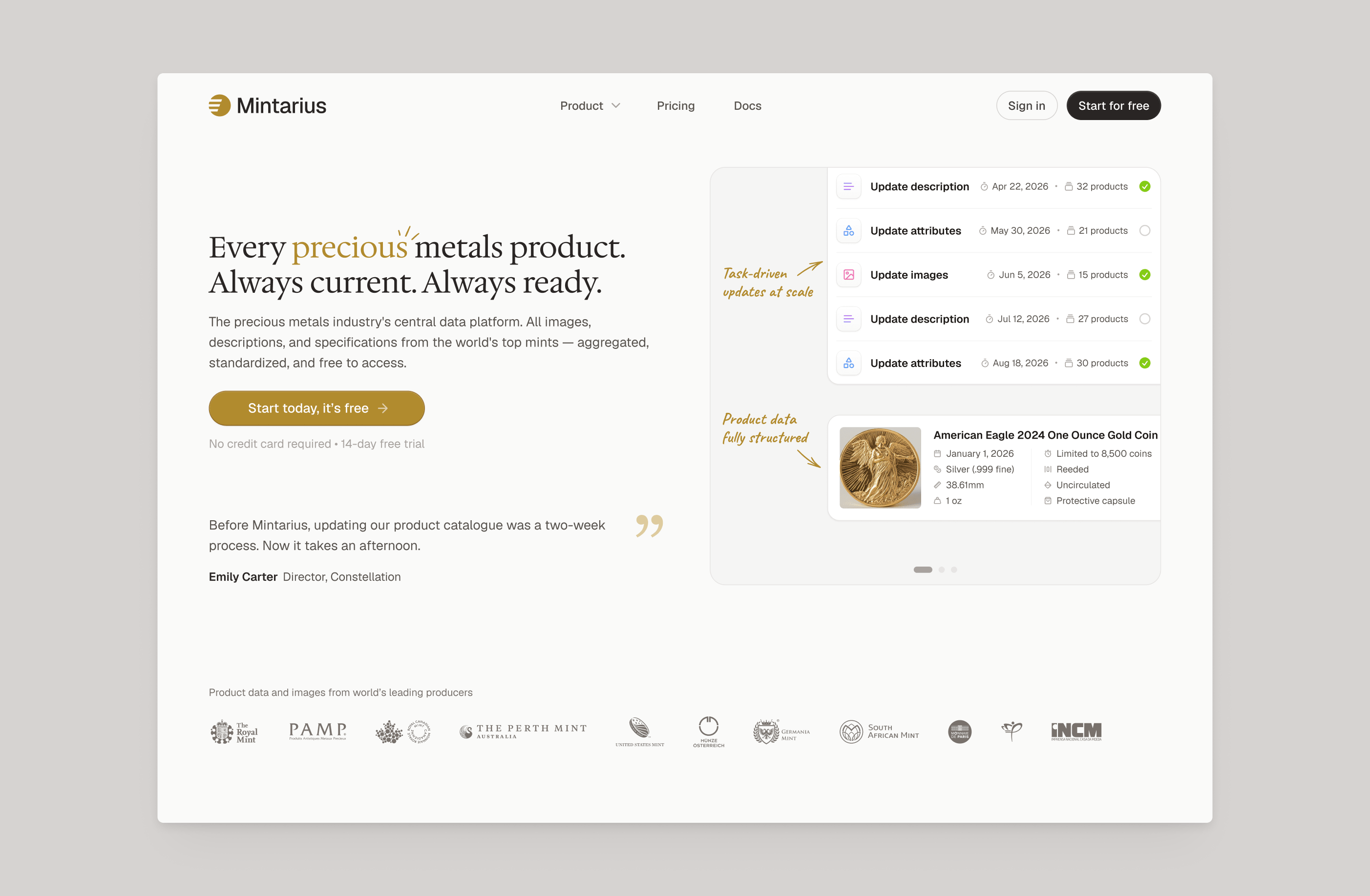 Mintarius homepage with a product screen, testimonial block and a row of producer logos