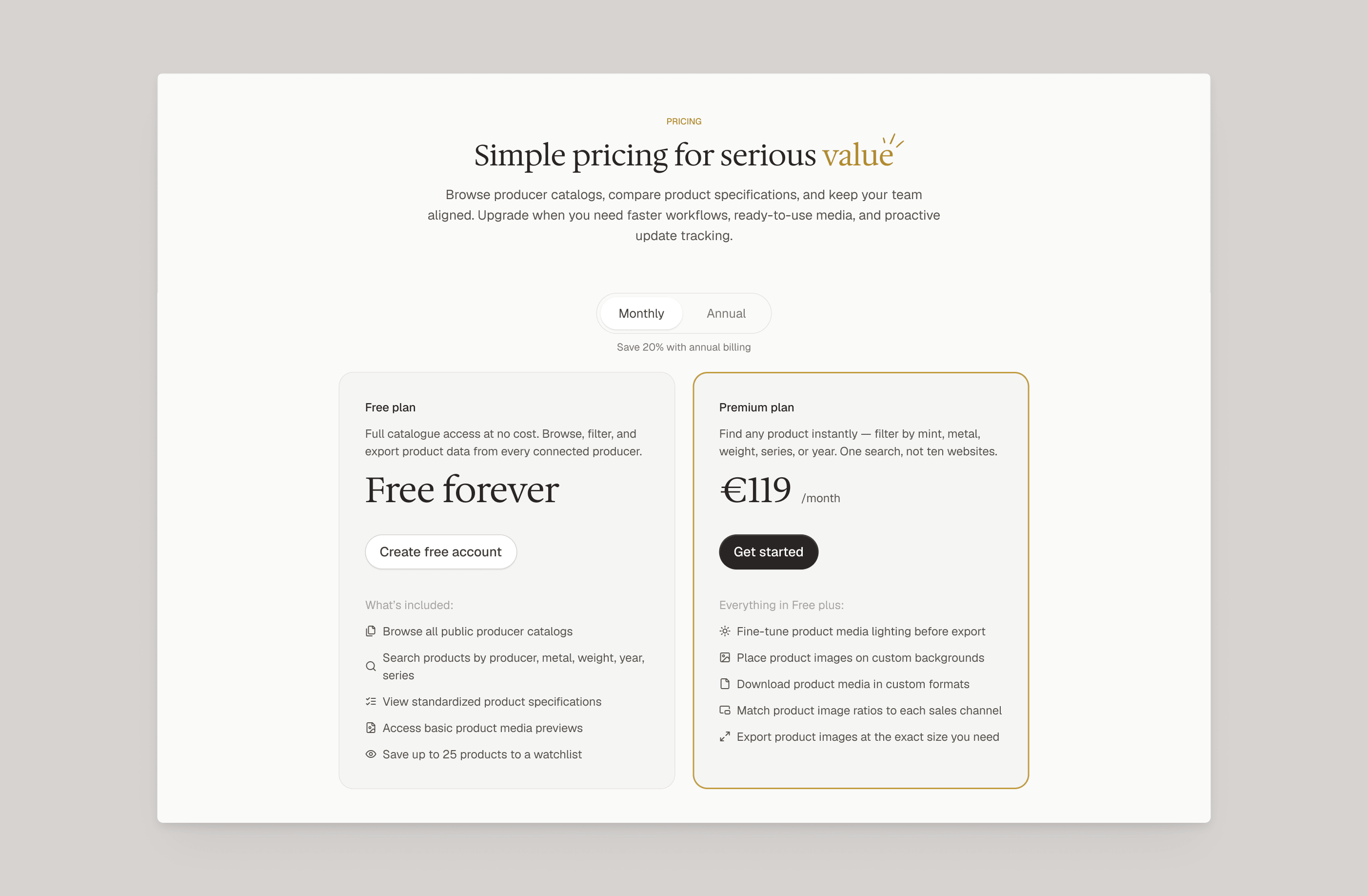 Pricing page — brand visual identity carried through to commercial pages