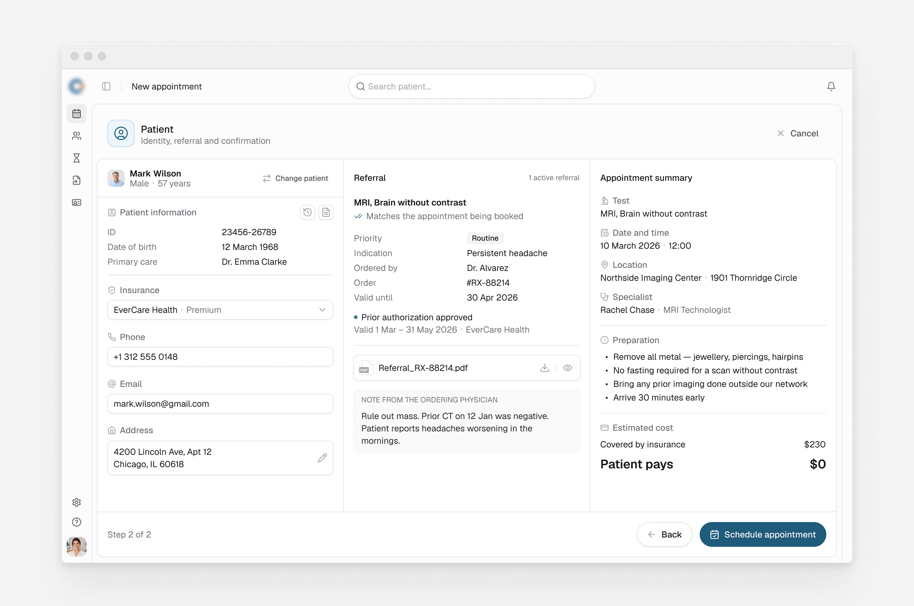 Medical app patient record with referral validation and an appointment summary