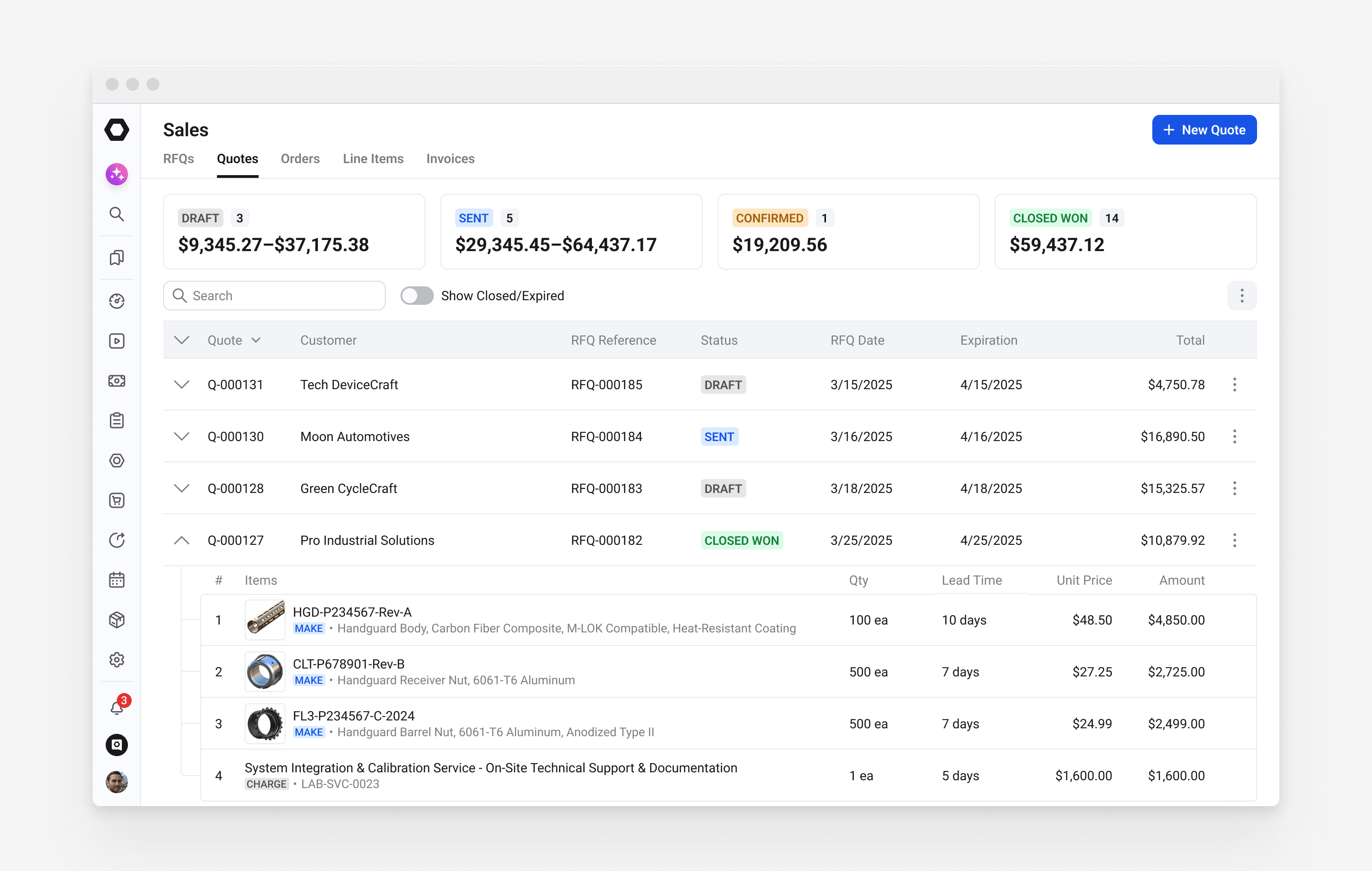 Quoting interface after redesign, with quote value grouped by status at the top and each quote expanding into its line items with part thumbnails, lead times and unit prices