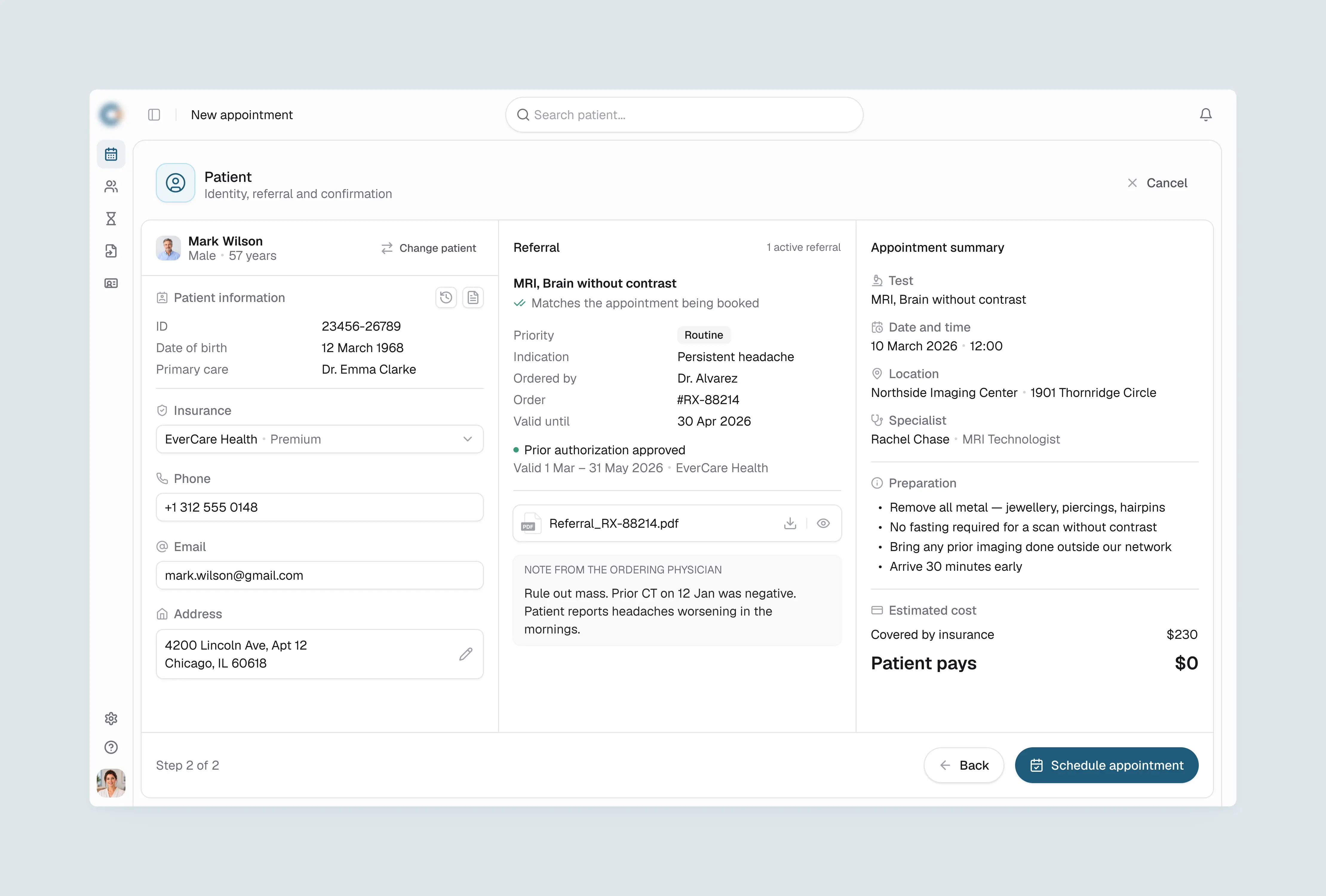 Booking form step with patient details, matched referral and appointment summary