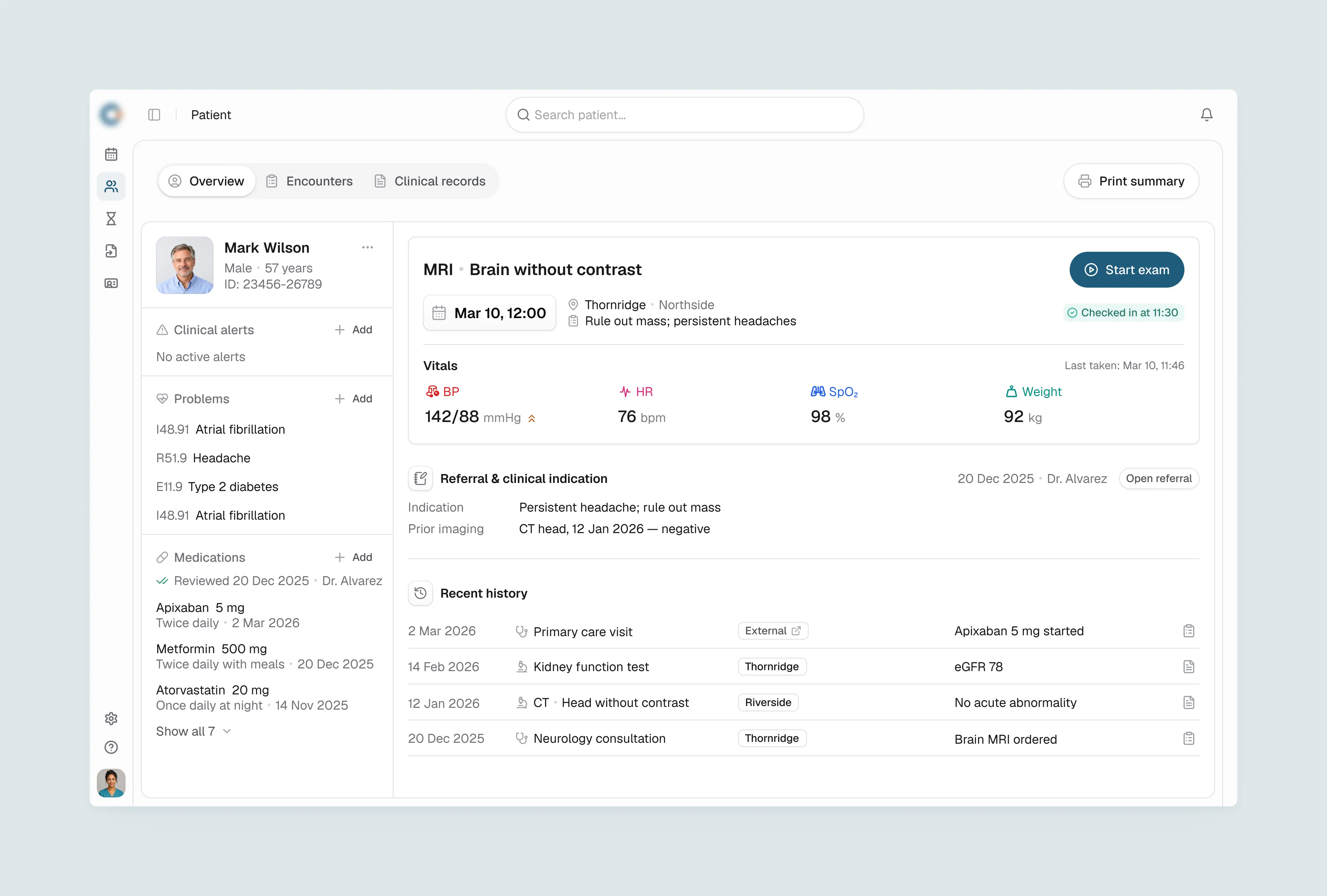 Patient overview with clinical context, referral details and appointment information